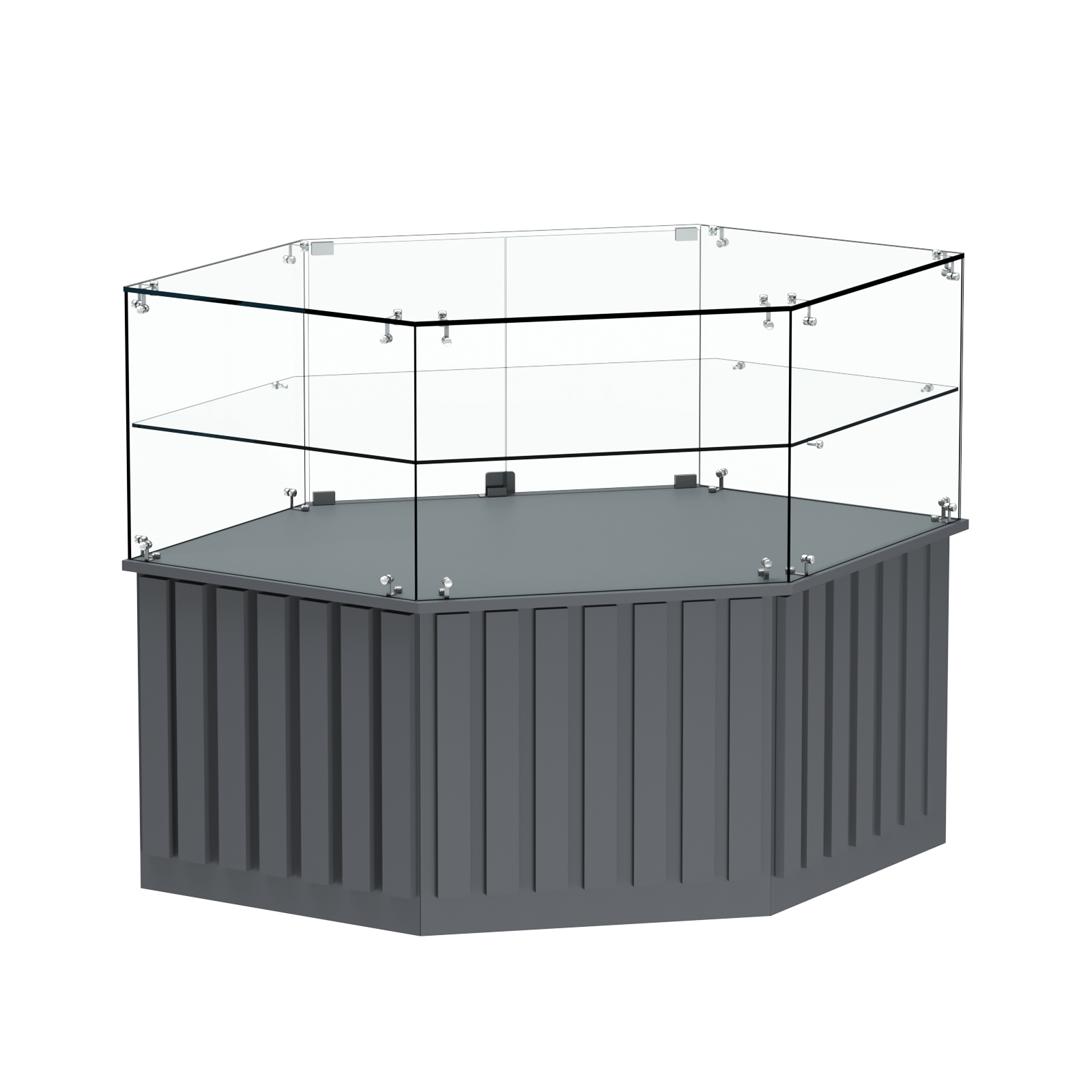 Торговый прилавок низкий шестигранный с планками и одной полкой серии ПРИЛИВ №36 Темно-Серый