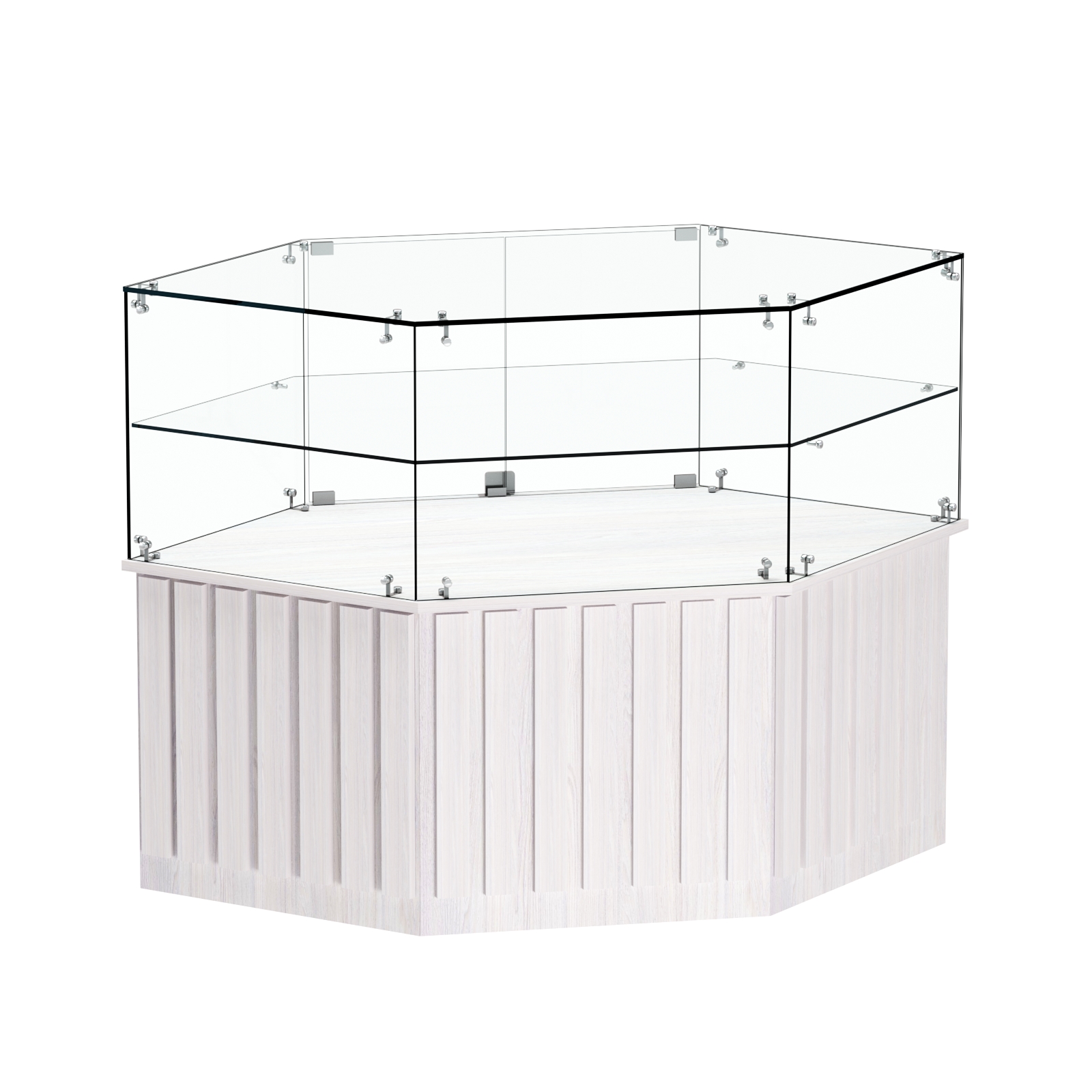 Торговый прилавок низкий шестигранный с планками и одной полкой серии ПРИЛИВ №36 Ясень Анкор светлый