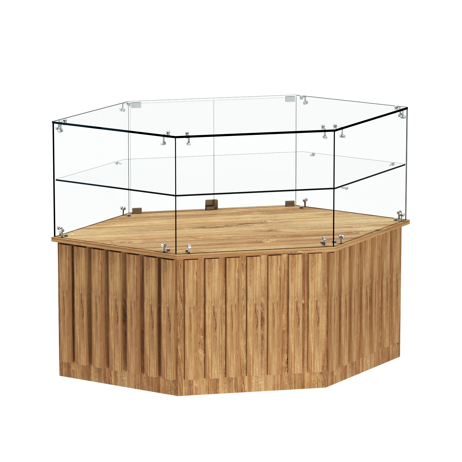 Торговый прилавок низкий шестигранный с планками и одной полкой серии ПРИЛИВ №36 Дуб Канзас коричневый