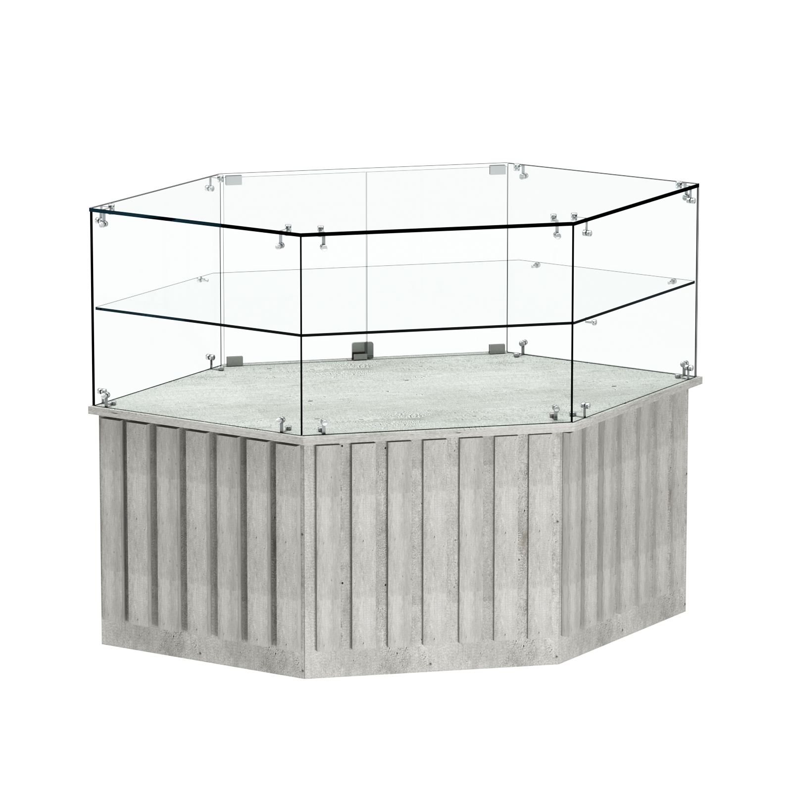 Торговый прилавок низкий шестигранный с планками и одной полкой серии ПРИЛИВ №36 Метрополитан Грей