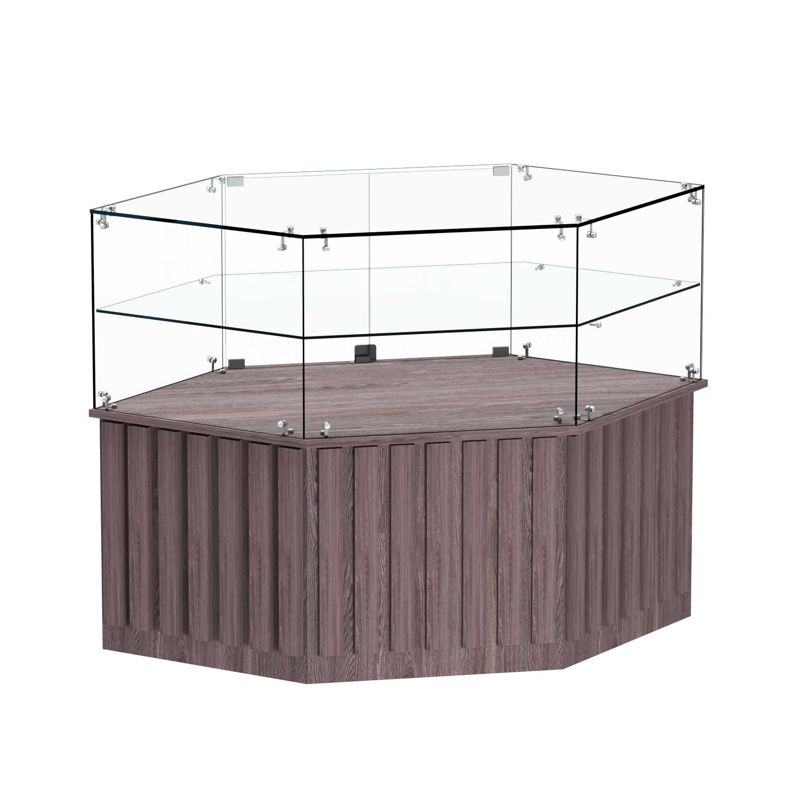 Торговый прилавок низкий шестигранный с планками и одной полкой серии ПРИЛИВ №36 Ясень Анкор темный