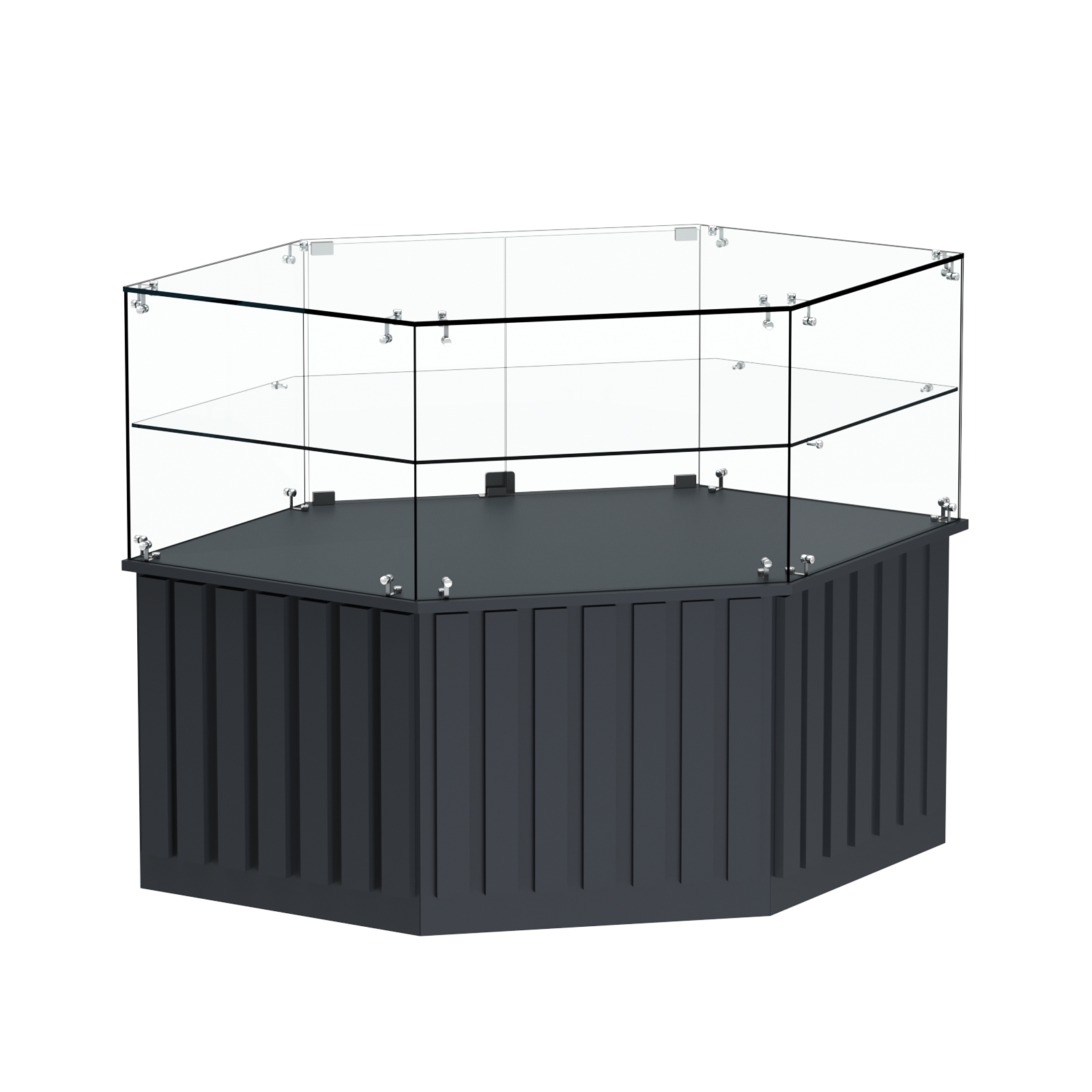 Торговый прилавок низкий шестигранный с планками и одной полкой серии ПРИЛИВ №36 Антрацит