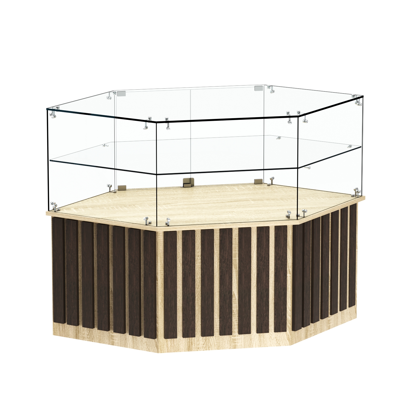 Торговый прилавок низкий шестигранный с планками и одной полкой серии ПРИЛИВ №36 Дуб Сонома + Дуб Венге