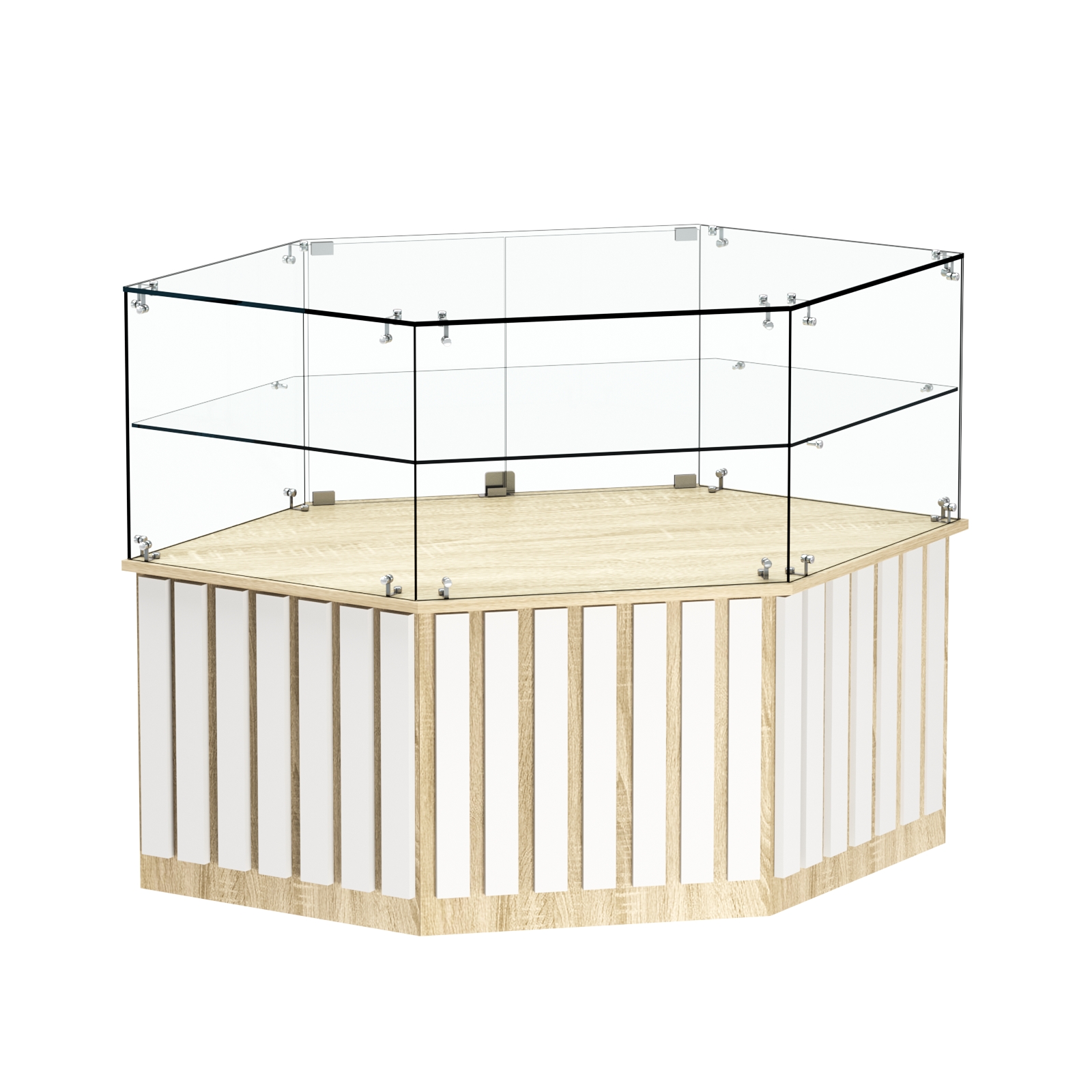 Торговый прилавок низкий шестигранный с планками и одной полкой серии ПРИЛИВ №36 Дуб Сонома + Белый