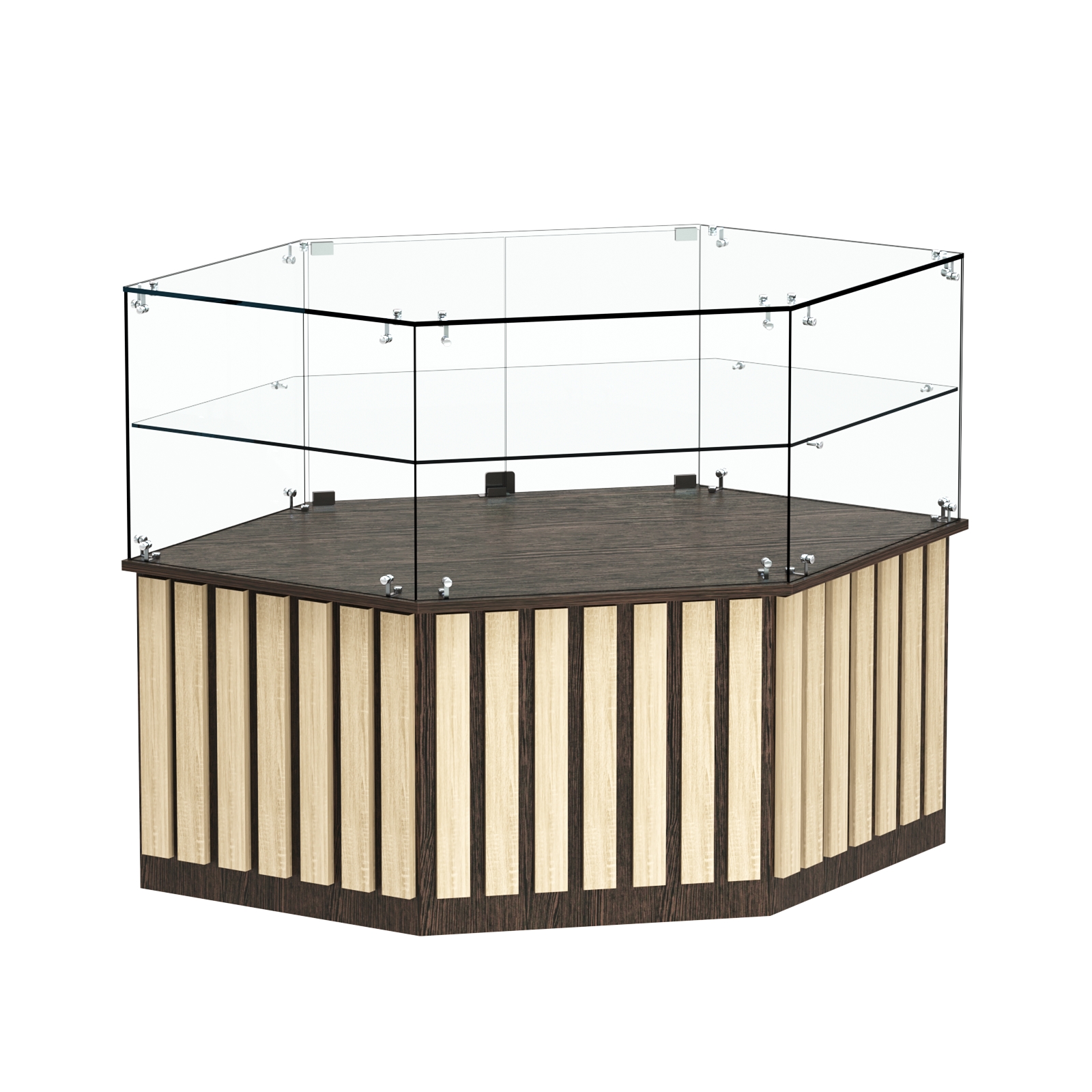 Торговый прилавок низкий шестигранный с планками и одной полкой серии ПРИЛИВ №36 Дуб Венге + Дуб Сонома