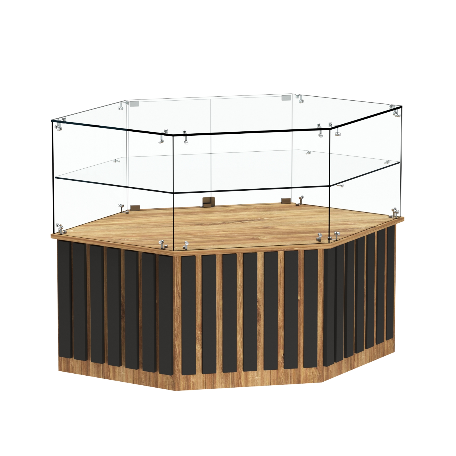 Торговый прилавок низкий шестигранный с планками и одной полкой серии ПРИЛИВ №36 Дуб Канзас Коричнерый + черный