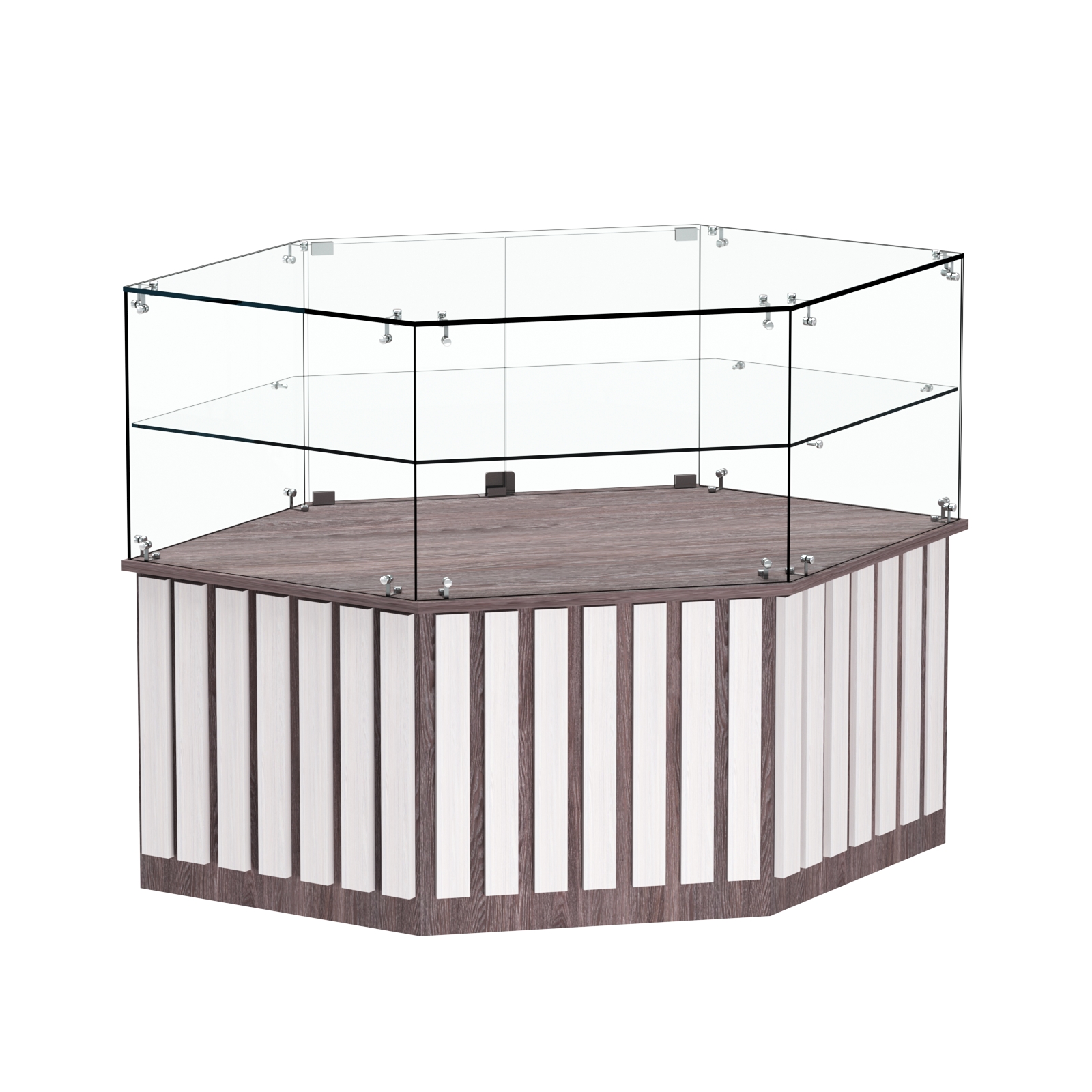 Торговый прилавок низкий шестигранный с планками и одной полкой серии ПРИЛИВ №36 Ясень Анкор темный + Ясень Анкор светлый