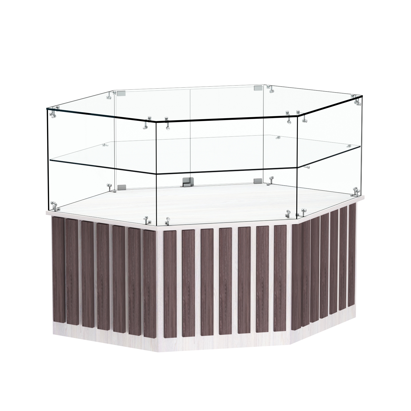 Торговый прилавок низкий шестигранный с планками и одной полкой серии ПРИЛИВ №36 Ясень Анкор светлый + Ясень Анкор темный