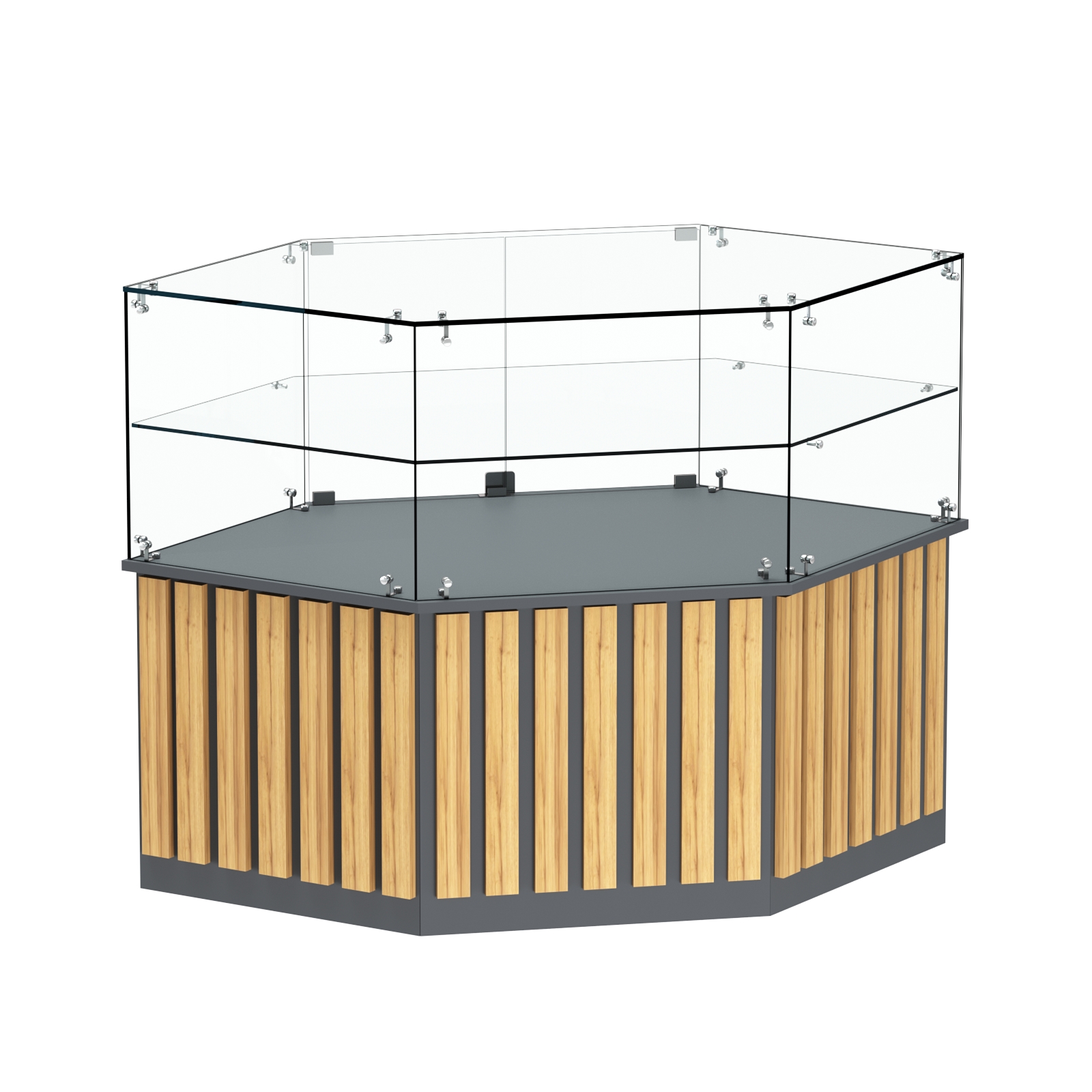 Торговый прилавок низкий шестигранный с планками и одной полкой серии ПРИЛИВ №36 Темно-Серый  + Дуб Золотистый