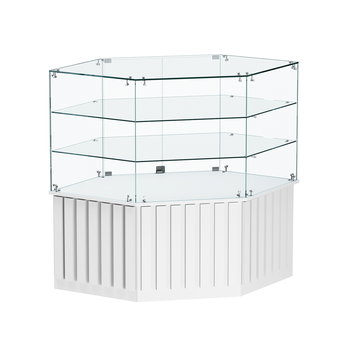 Торговый прилавок низкий шестигранный с планками и двумя полками серии ПРИЛИВ №37 Белый