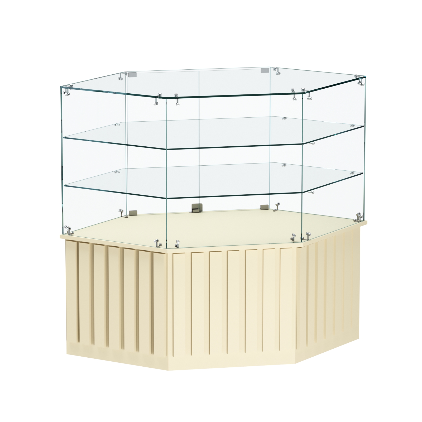 Торговый прилавок низкий шестигранный с планками и двумя полками серии ПРИЛИВ №37 Крем Вайс