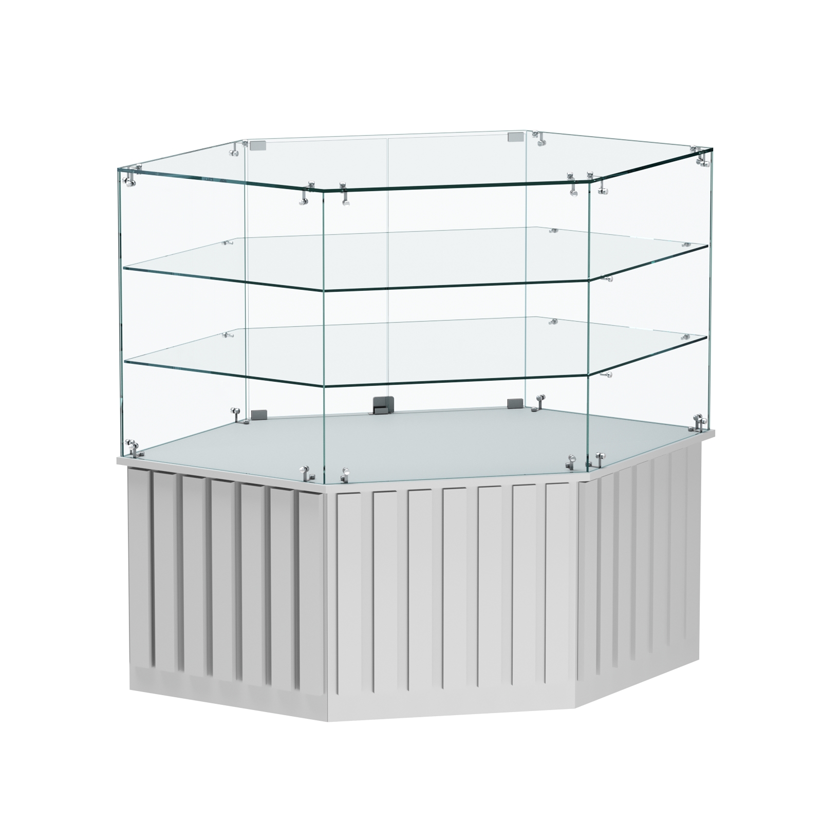 Торговый прилавок низкий шестигранный с планками и двумя полками серии ПРИЛИВ №37 Серый