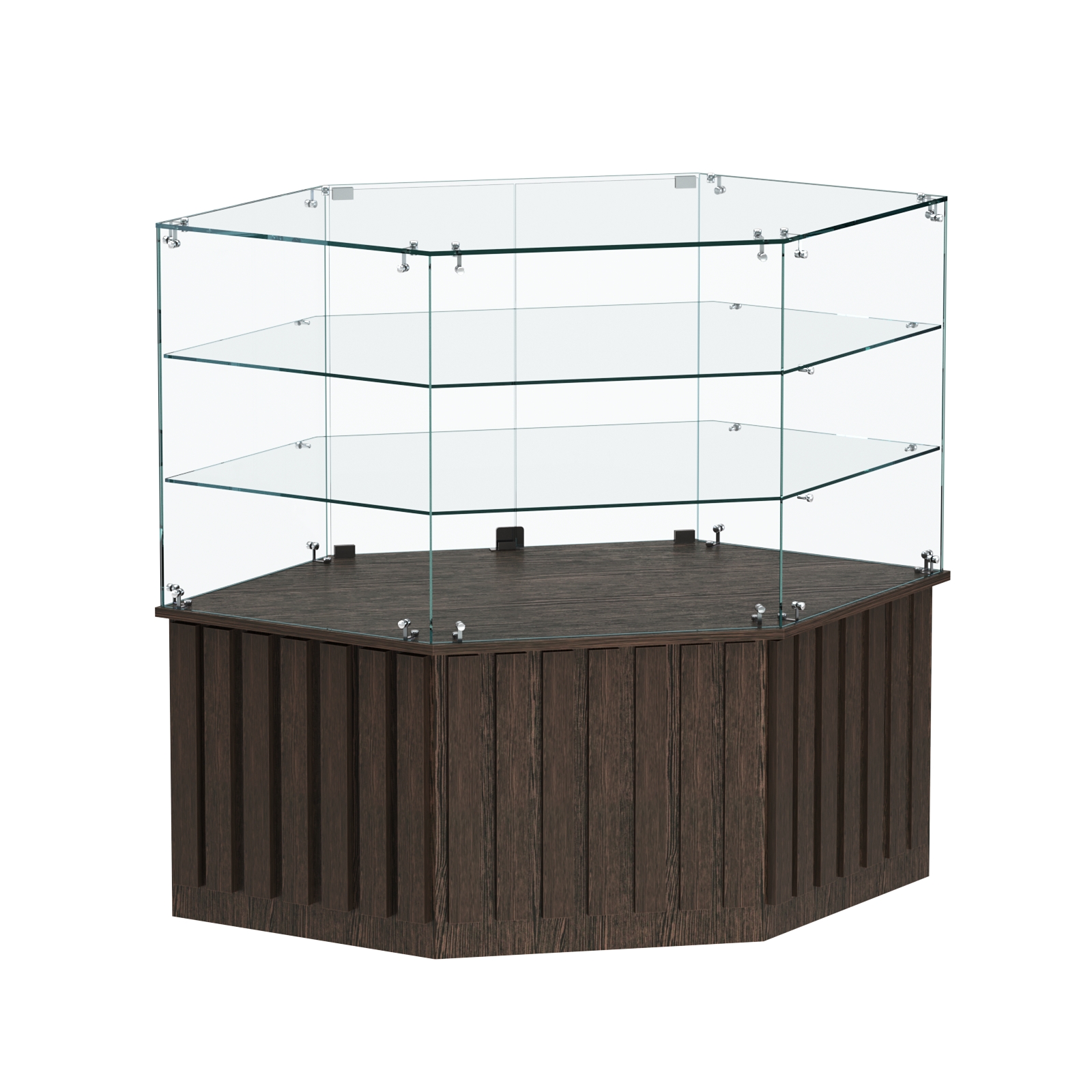 Торговый прилавок низкий шестигранный с планками и двумя полками серии ПРИЛИВ №37 Дуб Венге