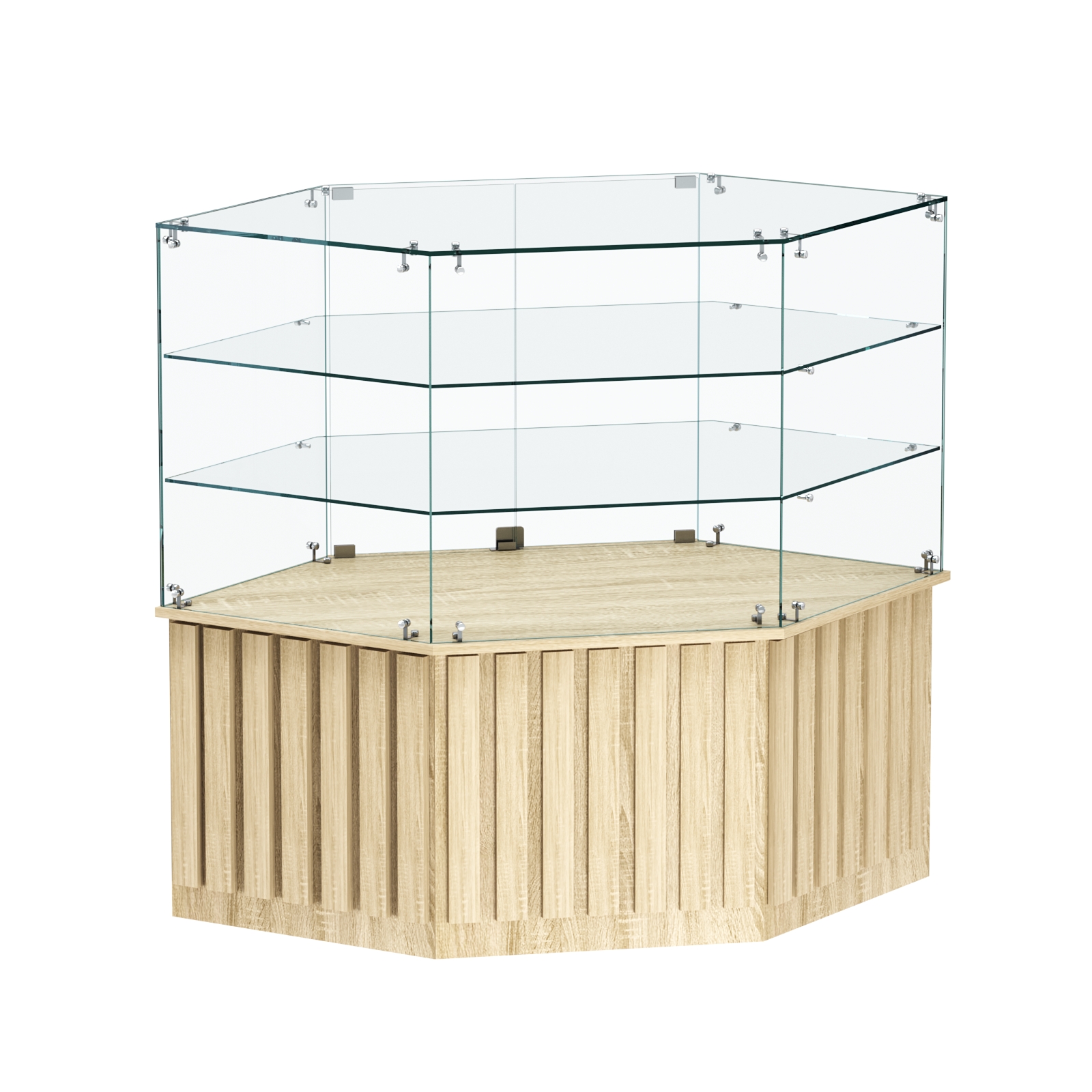 Торговый прилавок низкий шестигранный с планками и двумя полками серии ПРИЛИВ №37 Дуб сонома