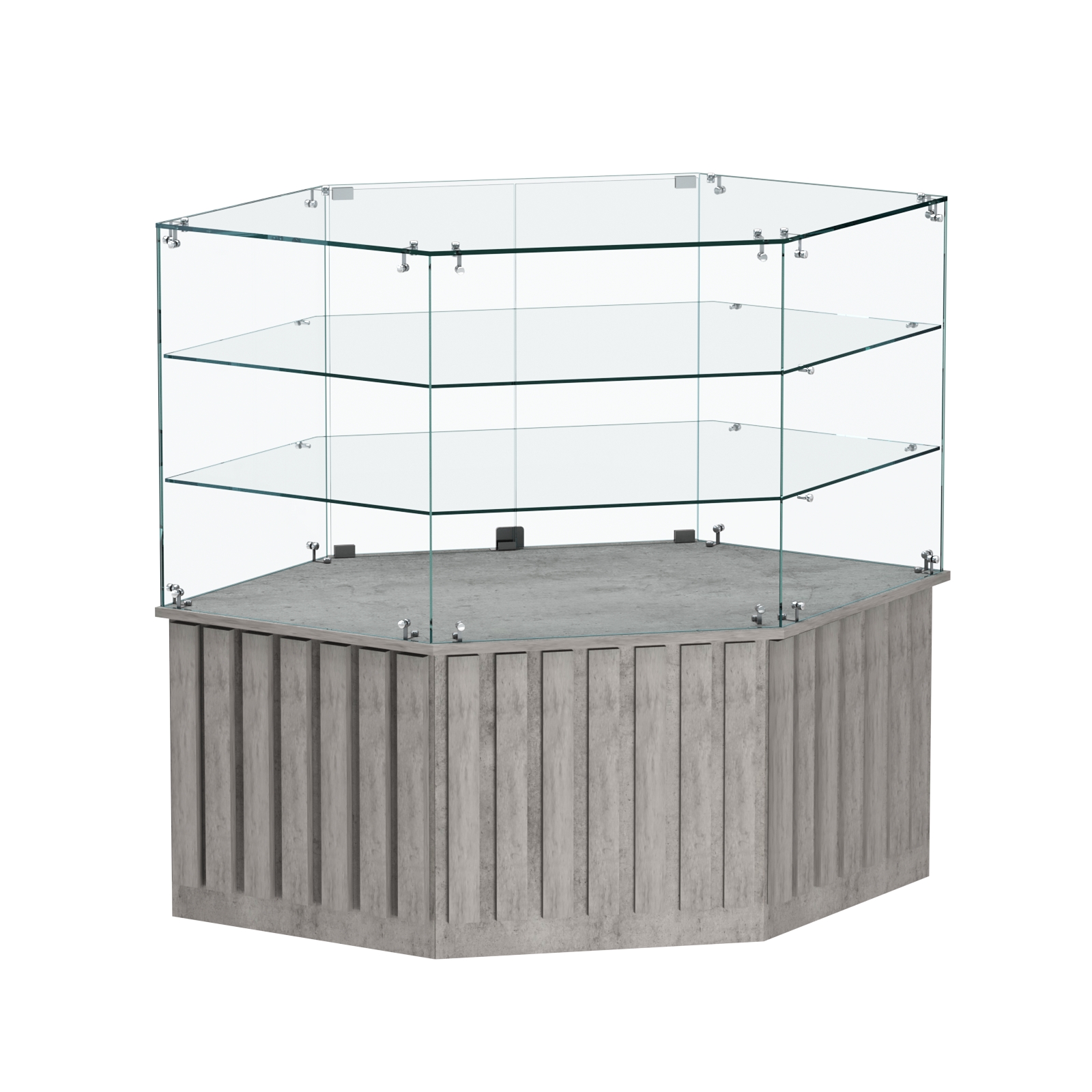 Торговый прилавок низкий шестигранный с планками и двумя полками серии ПРИЛИВ №37 Бетон Чикаго светло-серый F186 ST9