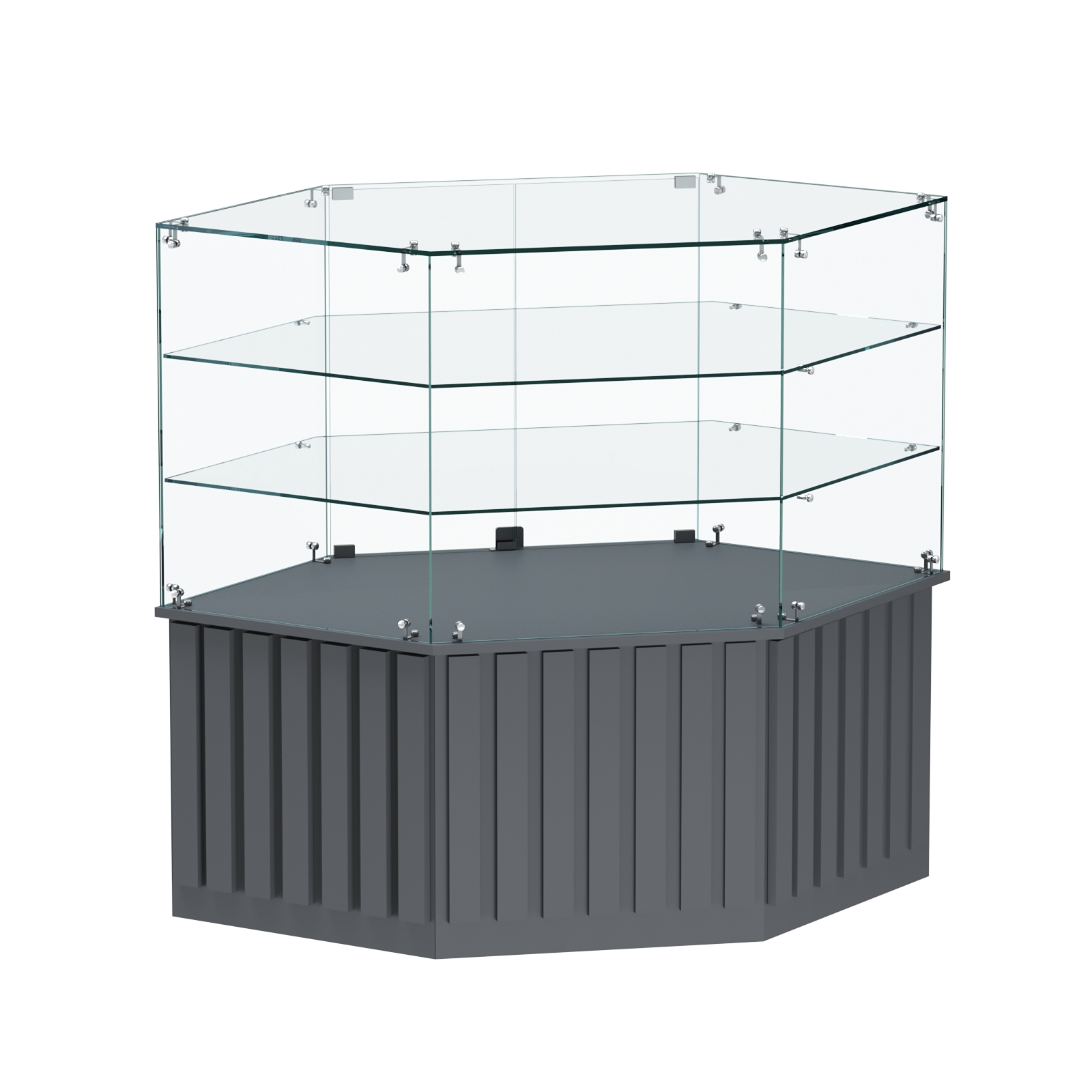 Торговый прилавок низкий шестигранный с планками и двумя полками серии ПРИЛИВ №37 Темно-Серый