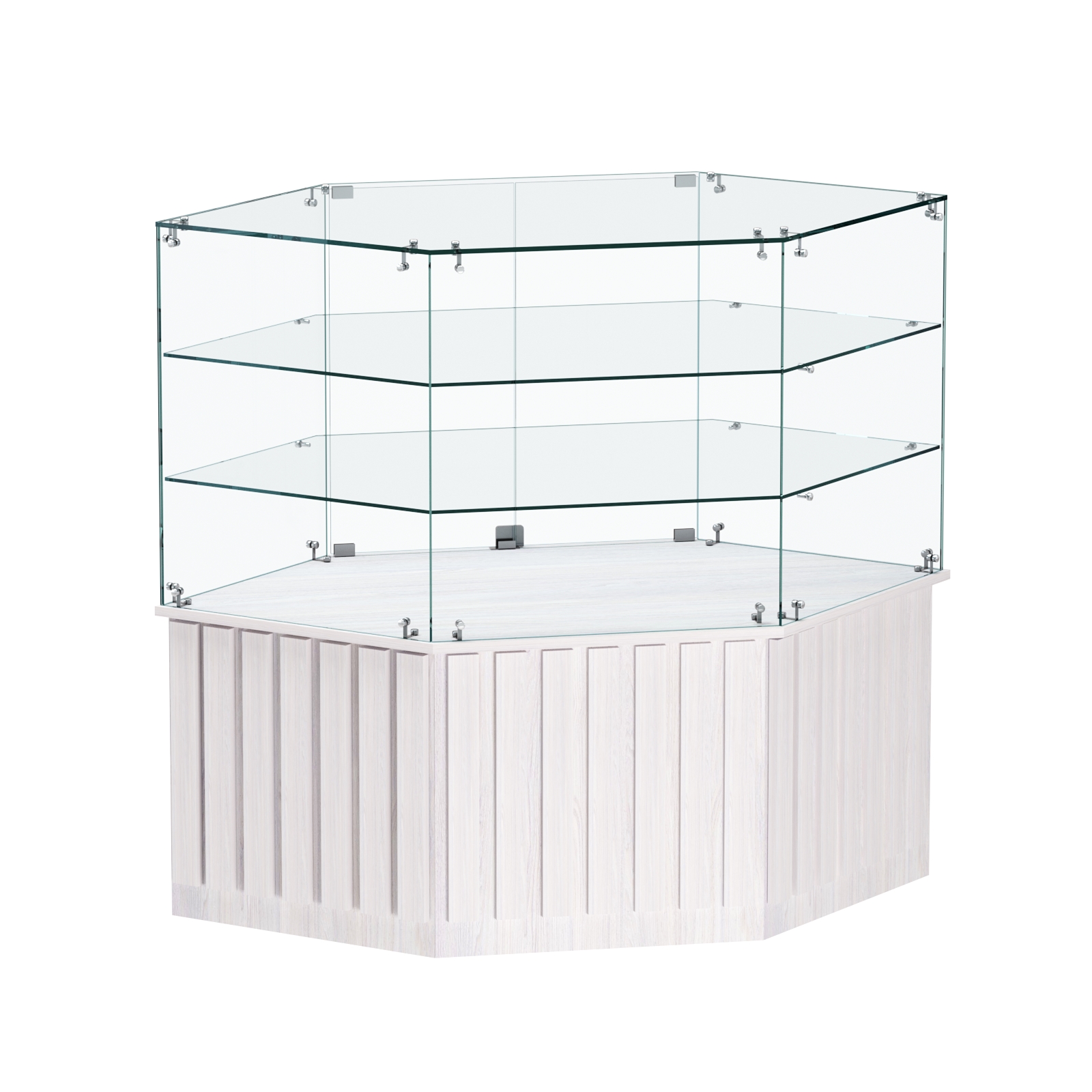 Торговый прилавок низкий шестигранный с планками и двумя полками серии ПРИЛИВ №37 Ясень Анкор светлый