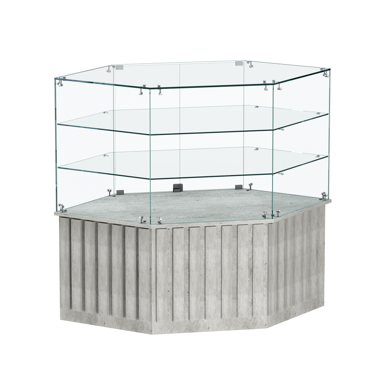 Торговый прилавок низкий шестигранный с планками и двумя полками серии ПРИЛИВ №37 Метрополитан Грей