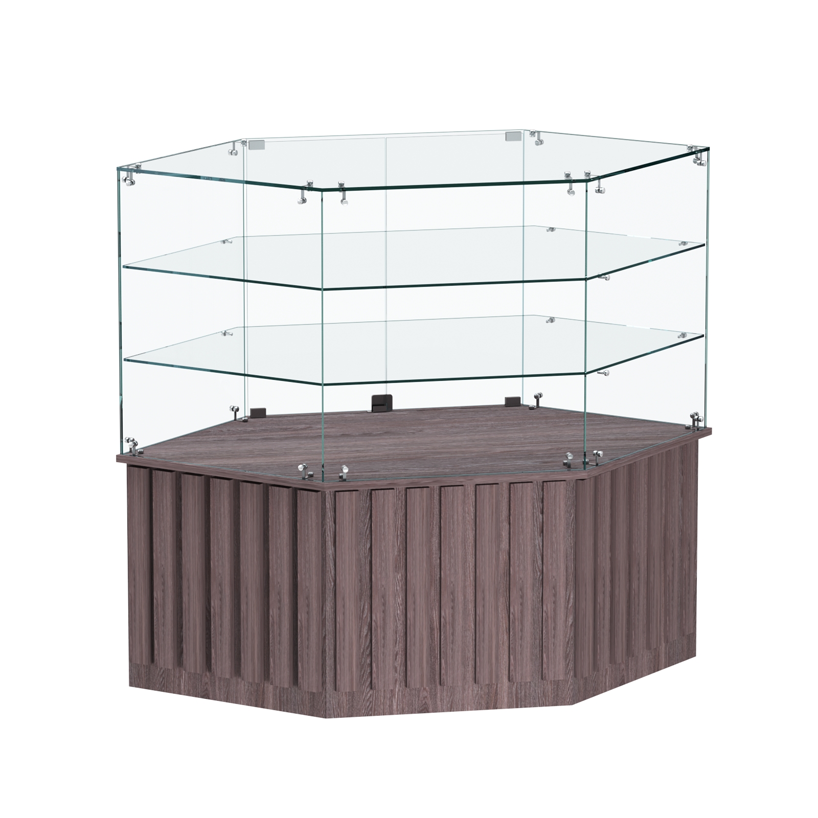 Торговый прилавок низкий шестигранный с планками и двумя полками серии ПРИЛИВ №37 Ясень Анкор темный