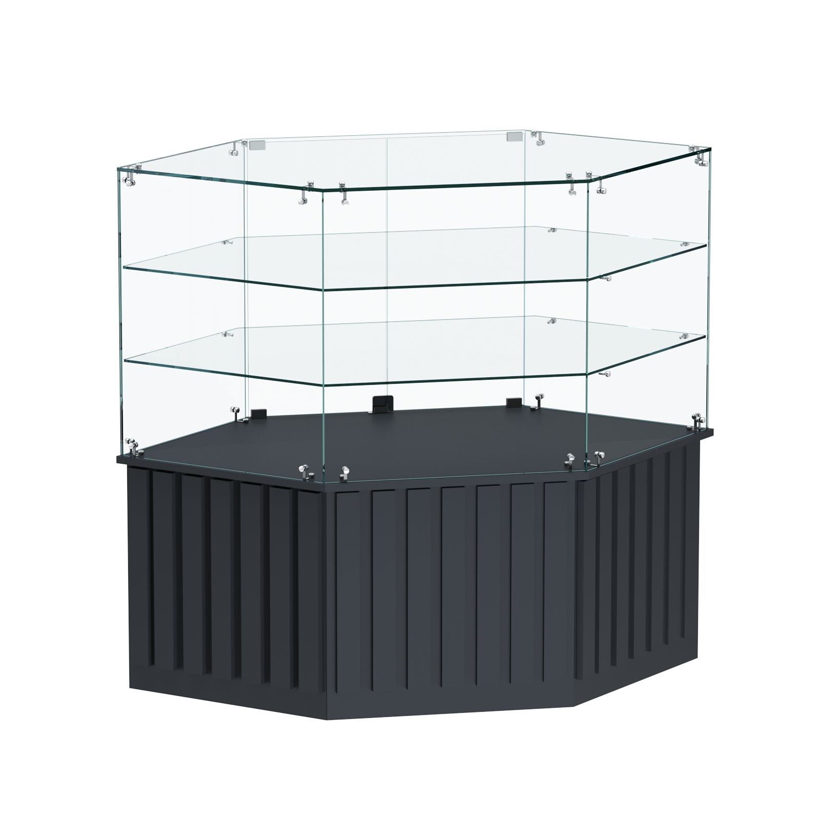 Торговый прилавок низкий шестигранный с планками и двумя полками серии ПРИЛИВ №37 Антрацит