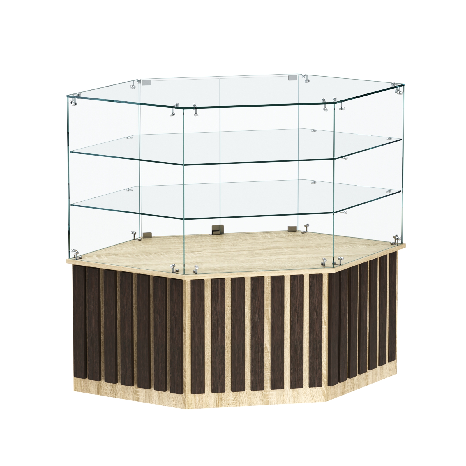 Торговый прилавок низкий шестигранный с планками и двумя полками серии ПРИЛИВ №37 Дуб Сонома + Дуб Венге