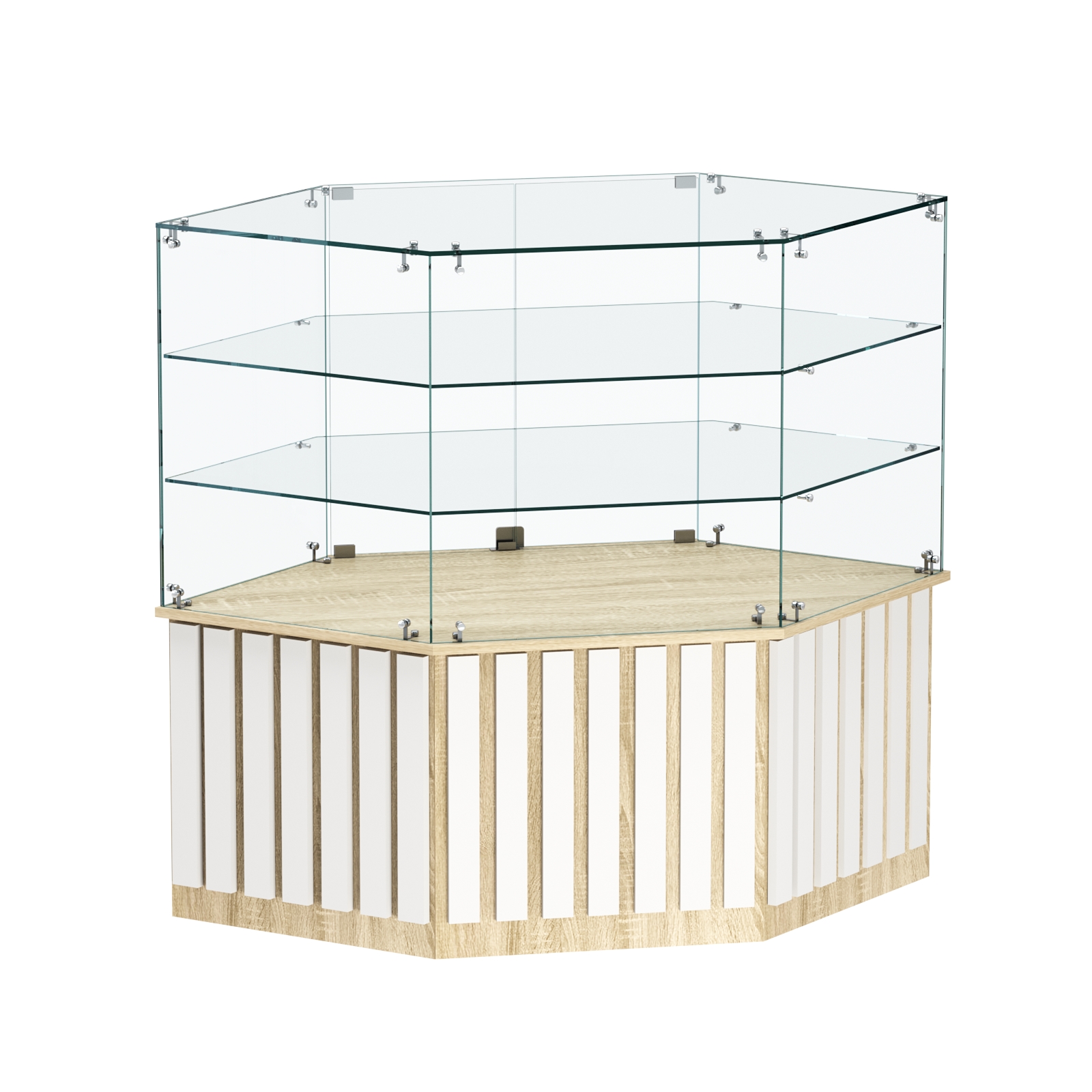 Торговый прилавок низкий шестигранный с планками и двумя полками серии ПРИЛИВ №37 Дуб Сонома + Белый