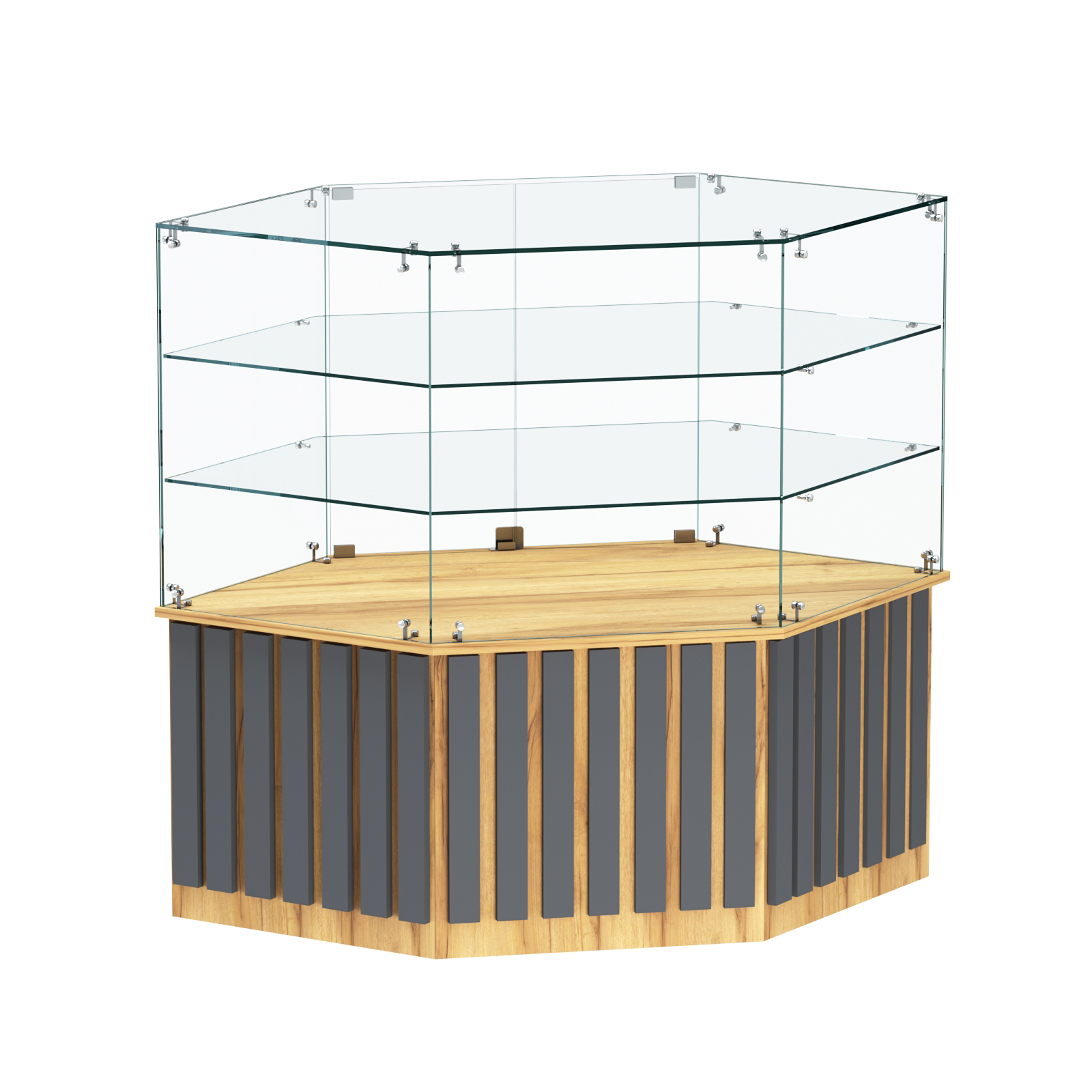 Торговый прилавок низкий шестигранный с планками и двумя полками серии ПРИЛИВ №37 Дуб Золотистый и Темно-Серый