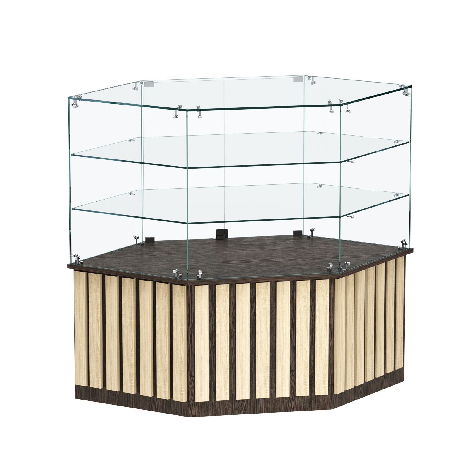 Торговый прилавок низкий шестигранный с планками и двумя полками серии ПРИЛИВ №37 Дуб Венге + Дуб Сонома