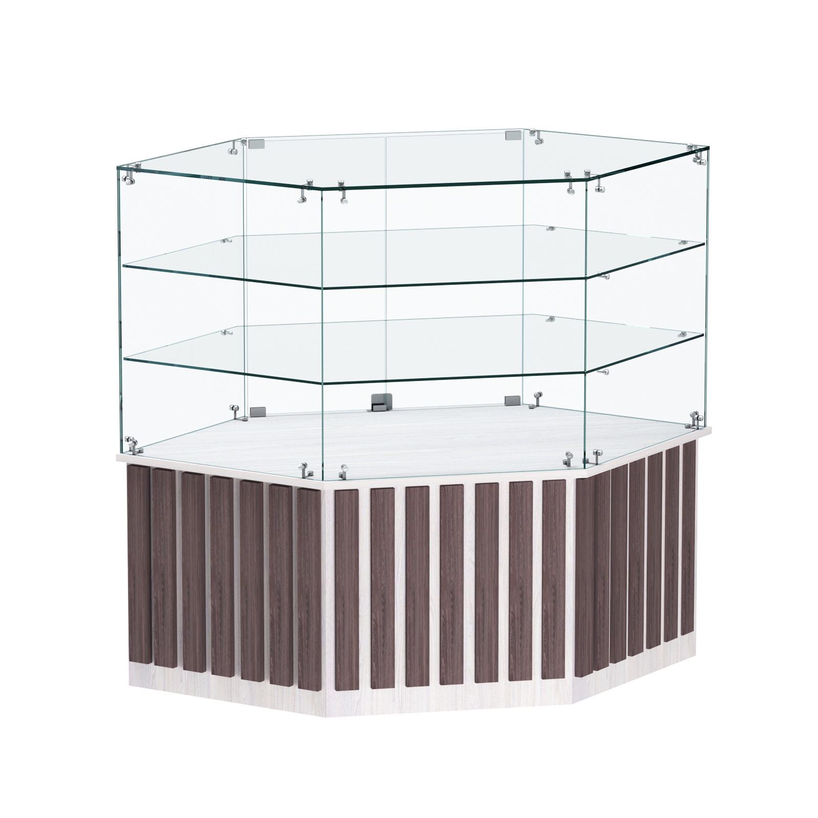 Торговый прилавок низкий шестигранный с планками и двумя полками серии ПРИЛИВ №37 Ясень Анкор светлый + Ясень Анкор темный