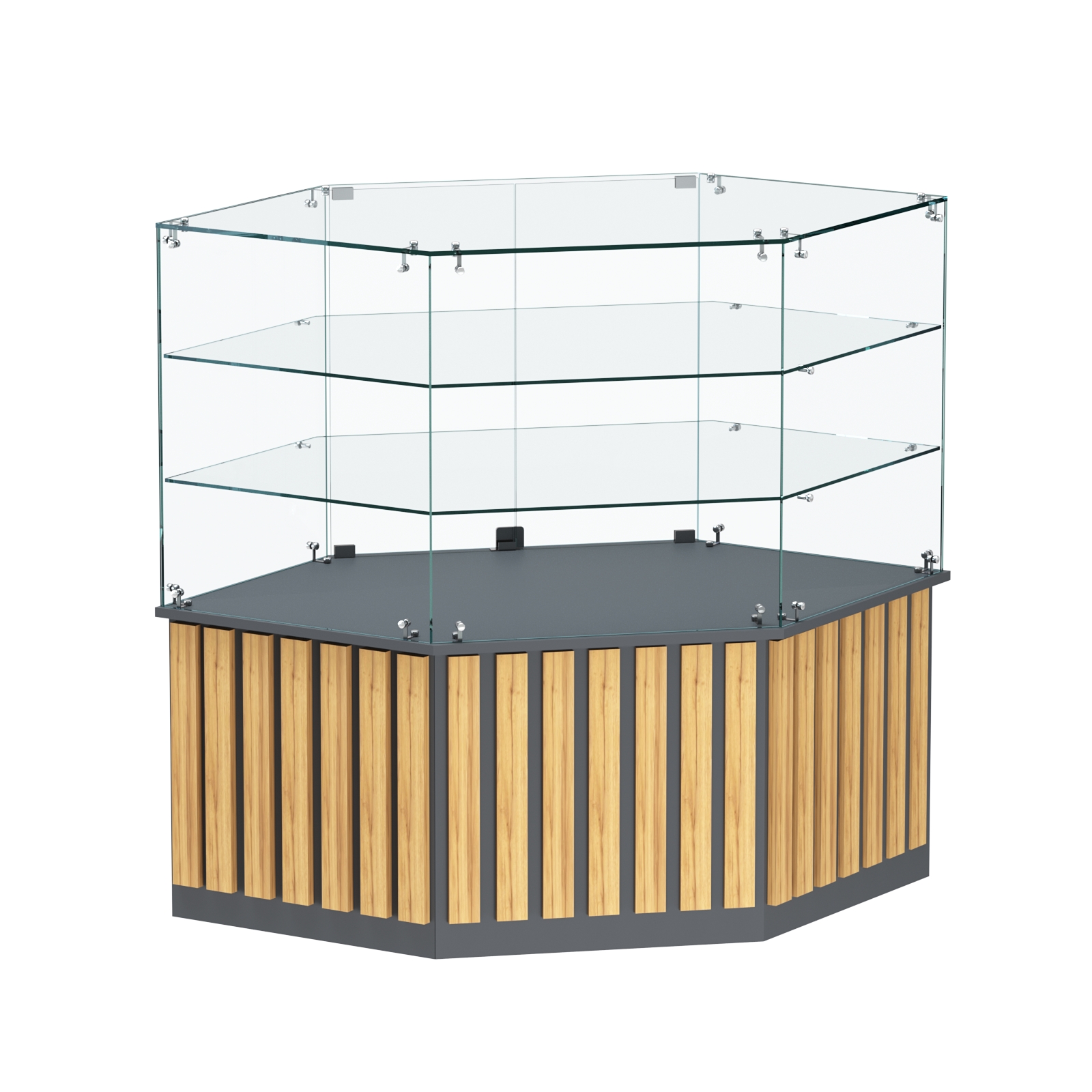 Торговый прилавок низкий шестигранный с планками и двумя полками серии ПРИЛИВ №37 Темно-Серый  + Дуб Золотистый