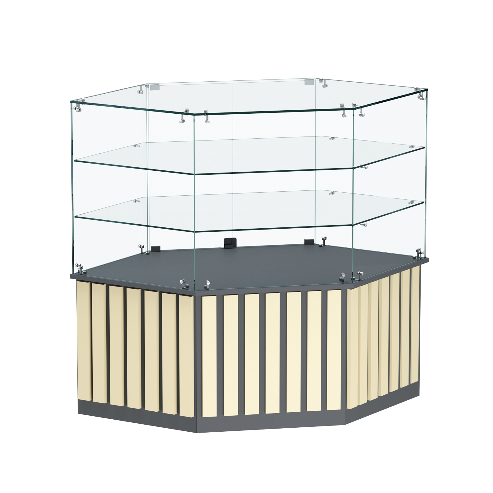 Торговый прилавок низкий шестигранный с планками и двумя полками серии ПРИЛИВ №37 Темно-серый + Крем Вайс