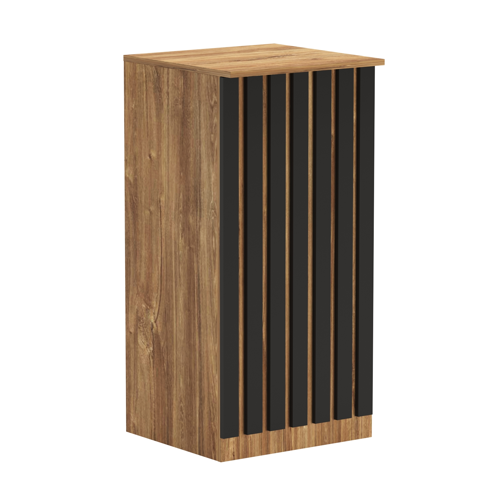 Торговый стол-прилавок квадратный для выдачи товара с планками серии ПРИЛИВ №21 Дуб Канзас Коричнерый + черный