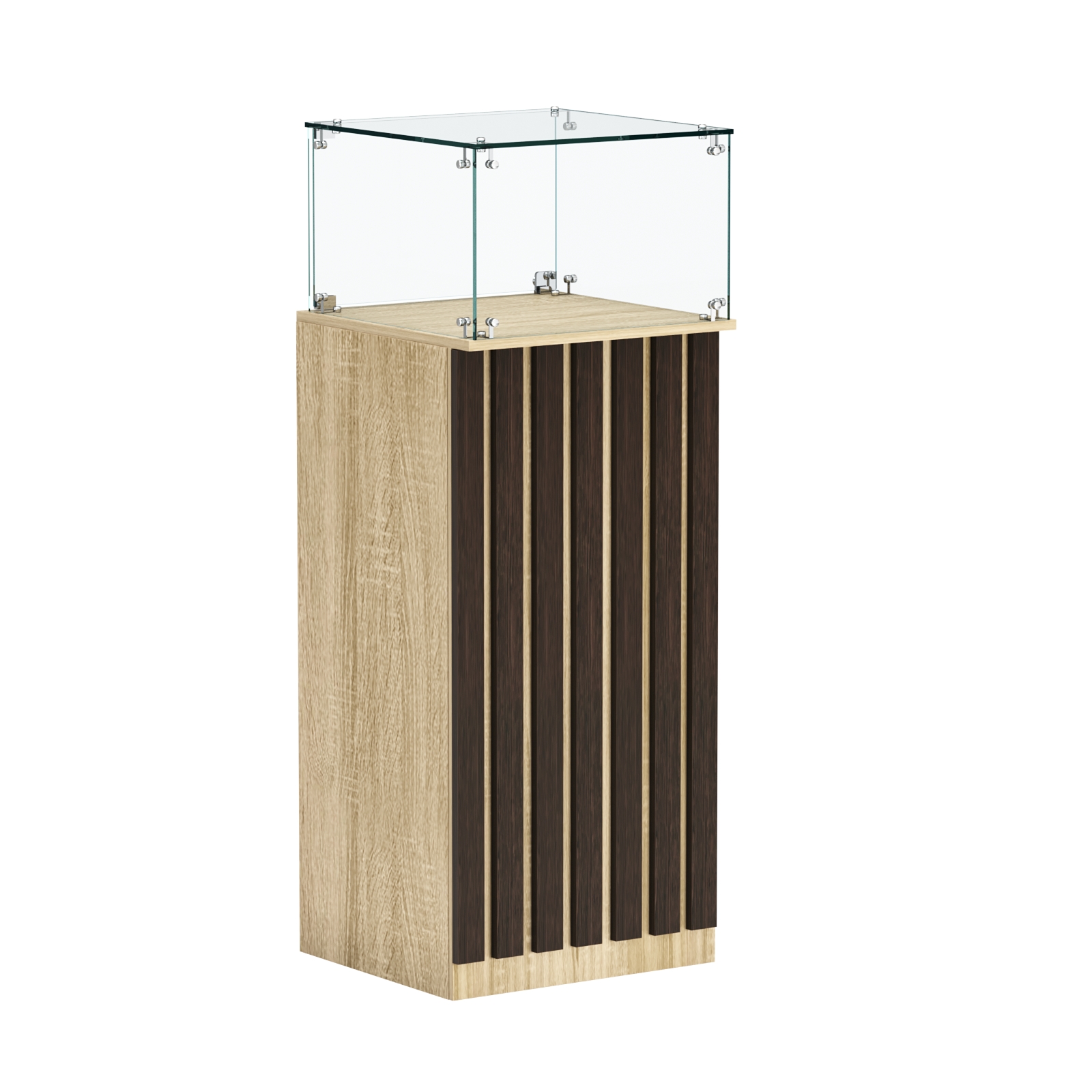 Торговый прилавок высокий квадратный с планками и стеклянным колпаком серии ПРИЛИВ №11 Дуб Сонома + Дуб Венге