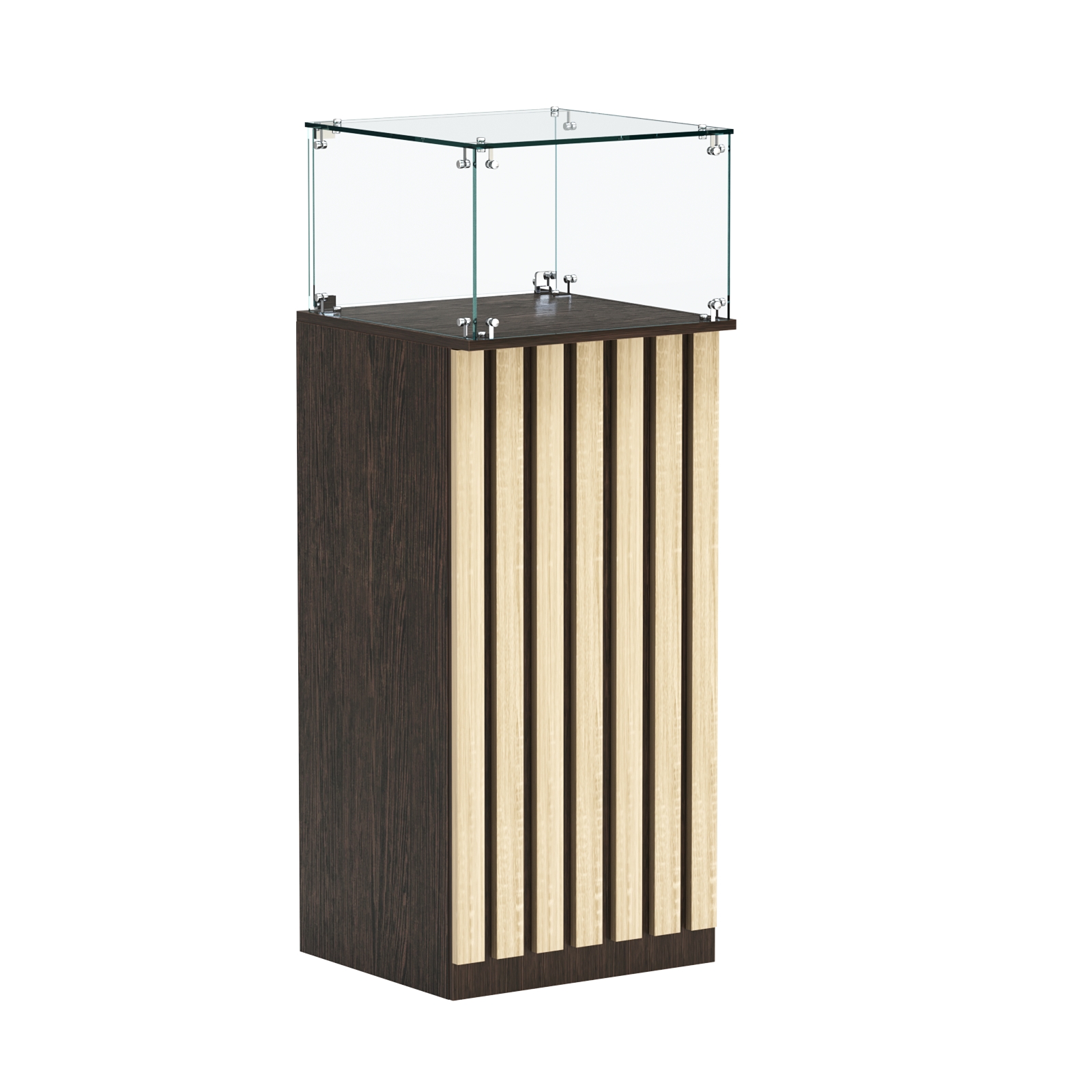 Торговый прилавок высокий квадратный с планками и стеклянным колпаком серии ПРИЛИВ №11 Дуб Венге + Дуб Сонома