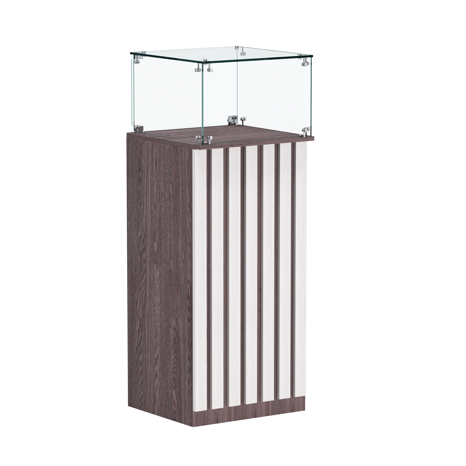 Торговый прилавок высокий квадратный с планками и стеклянным колпаком серии ПРИЛИВ №11 Ясень Анкор темный + Ясень Анкор светлый