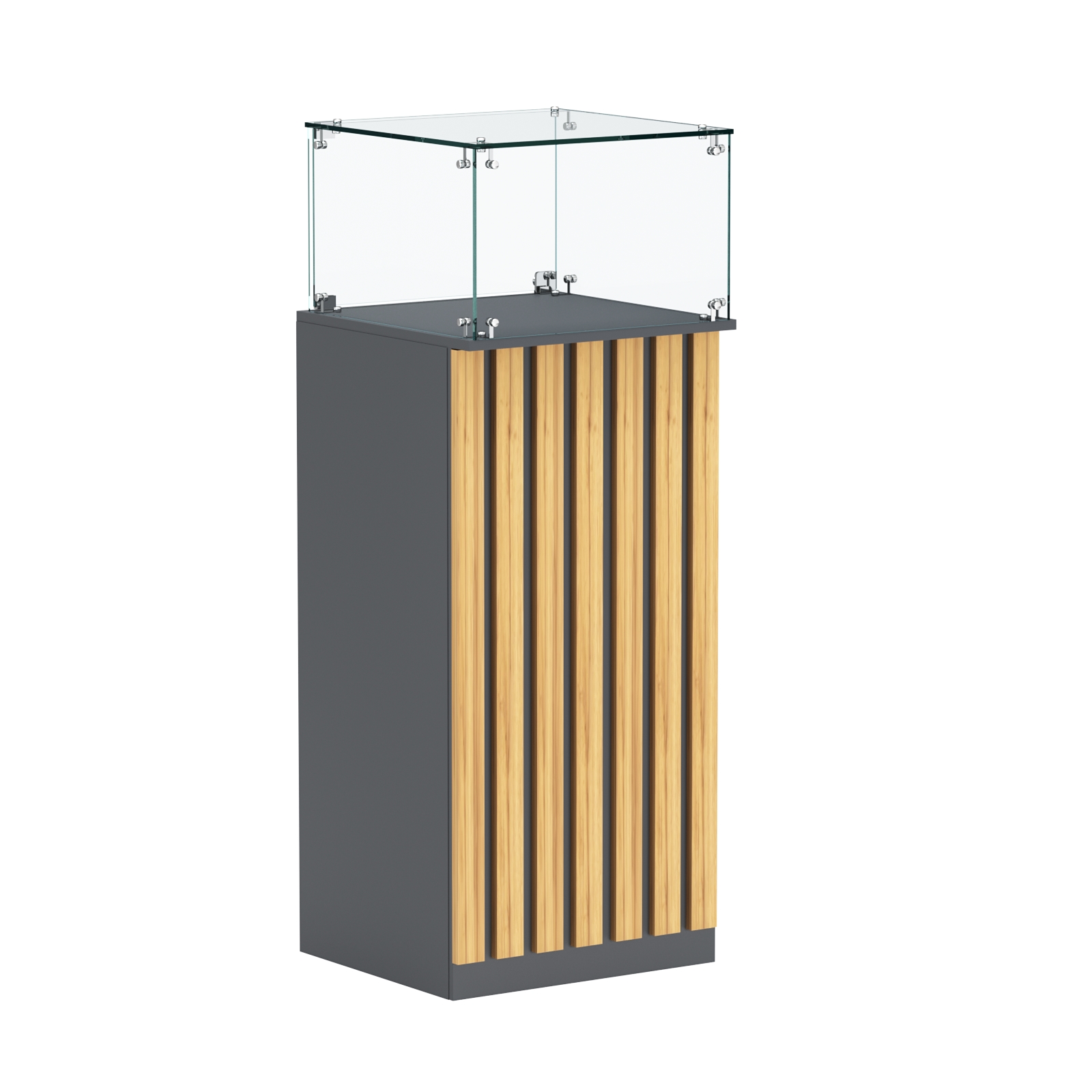 Торговый прилавок высокий квадратный с планками и стеклянным колпаком серии ПРИЛИВ №11 Темно-Серый  + Дуб Золотистый