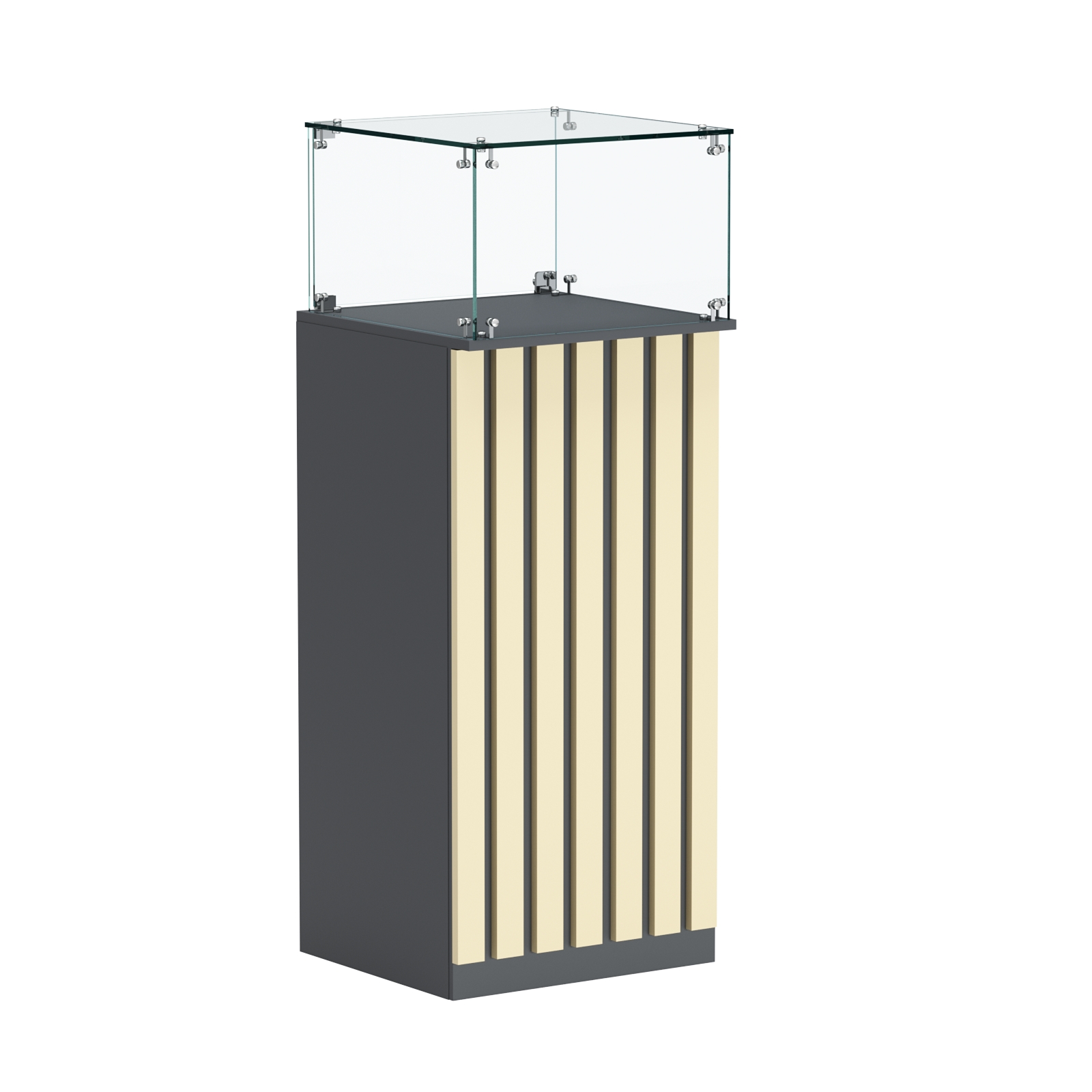 Торговый прилавок высокий квадратный с планками и стеклянным колпаком серии ПРИЛИВ №11 Темно-серый + Крем Вайс
