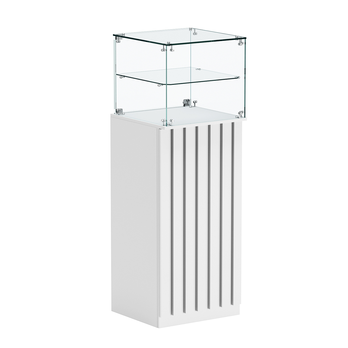 Торговый прилавок высокий квадратный с планками и одной полкой серии ПРИЛИВ №12 Белый