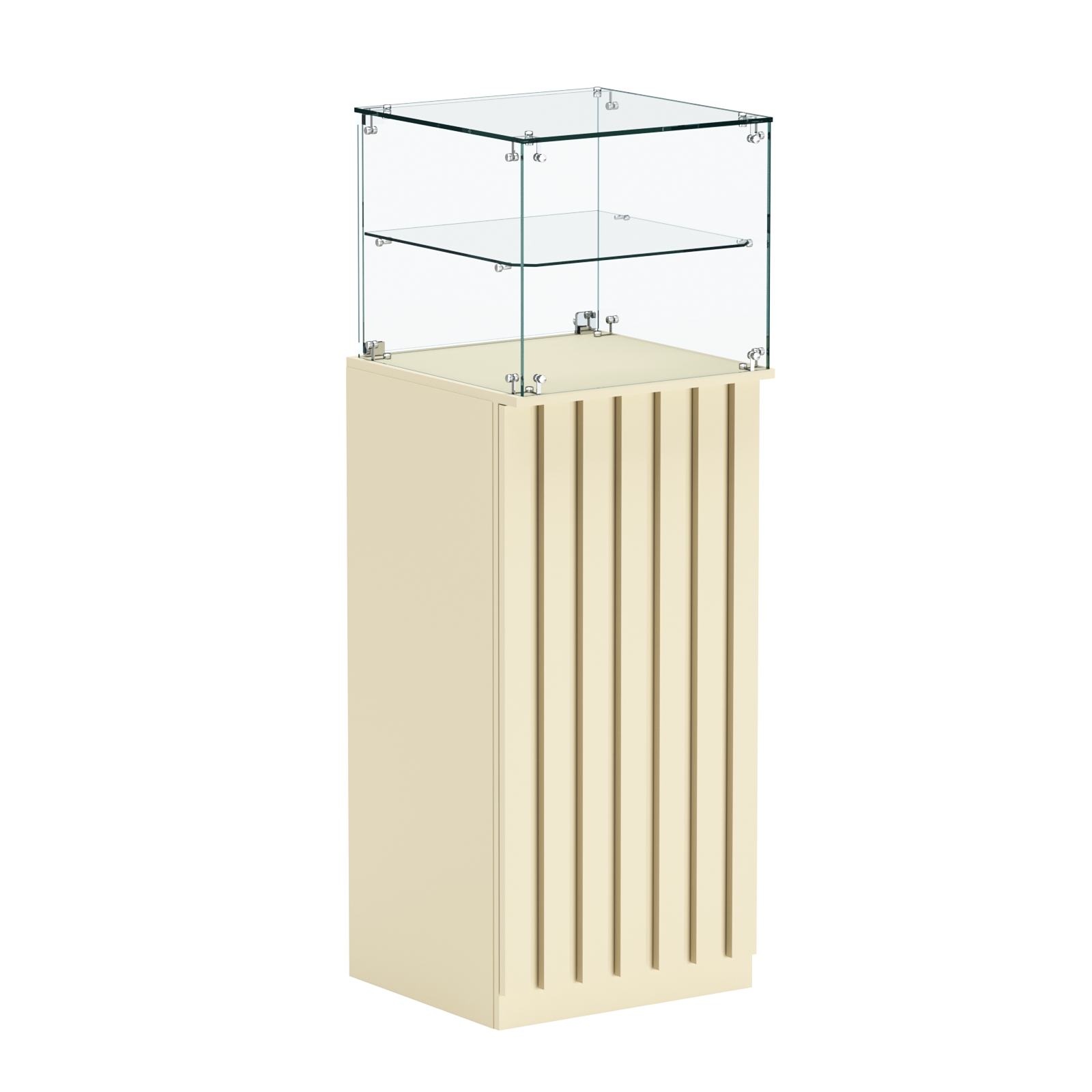 Торговый прилавок высокий квадратный с планками и одной полкой серии ПРИЛИВ №12 Крем Вайс