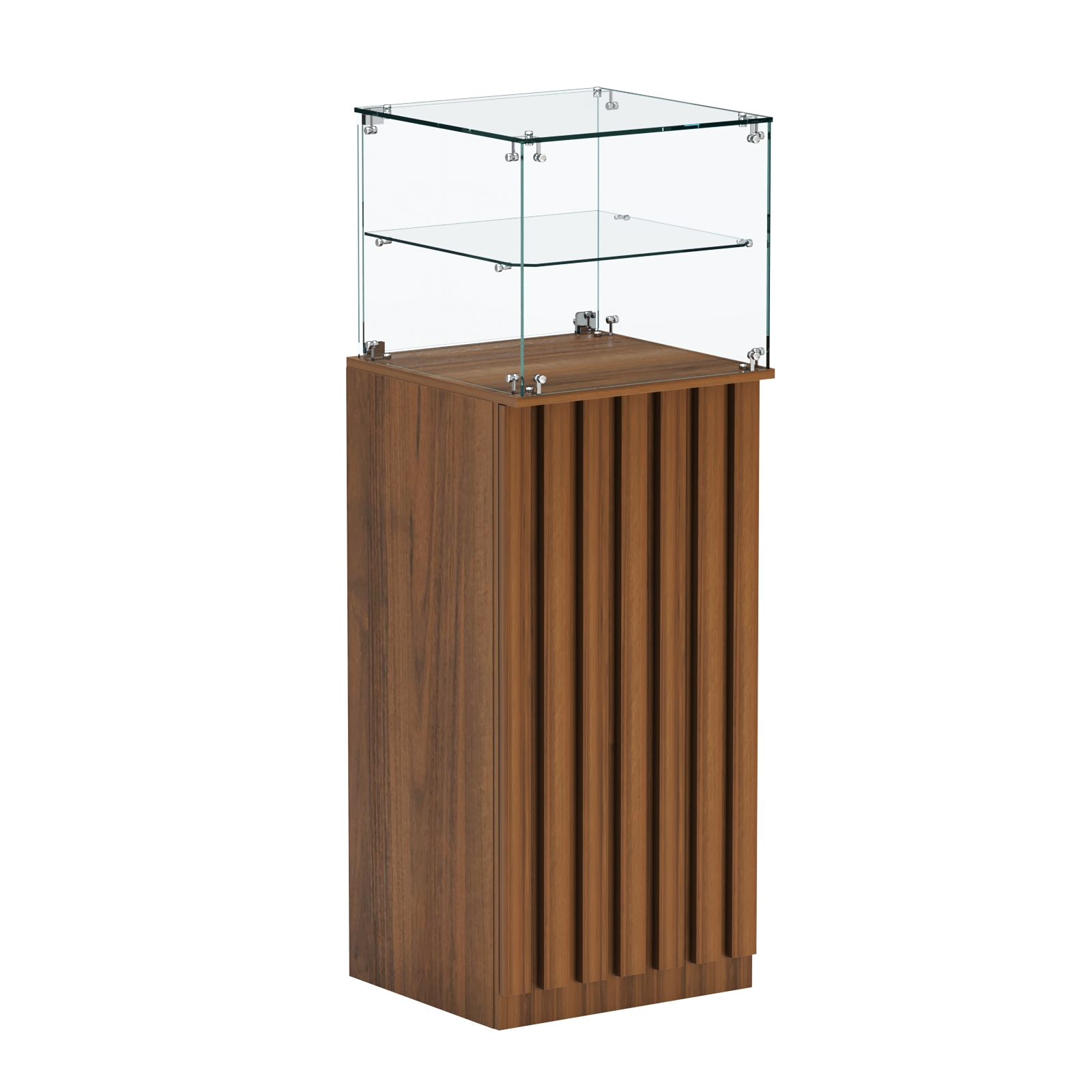 Торговый прилавок высокий квадратный с планками и одной полкой серии ПРИЛИВ №12 Орех