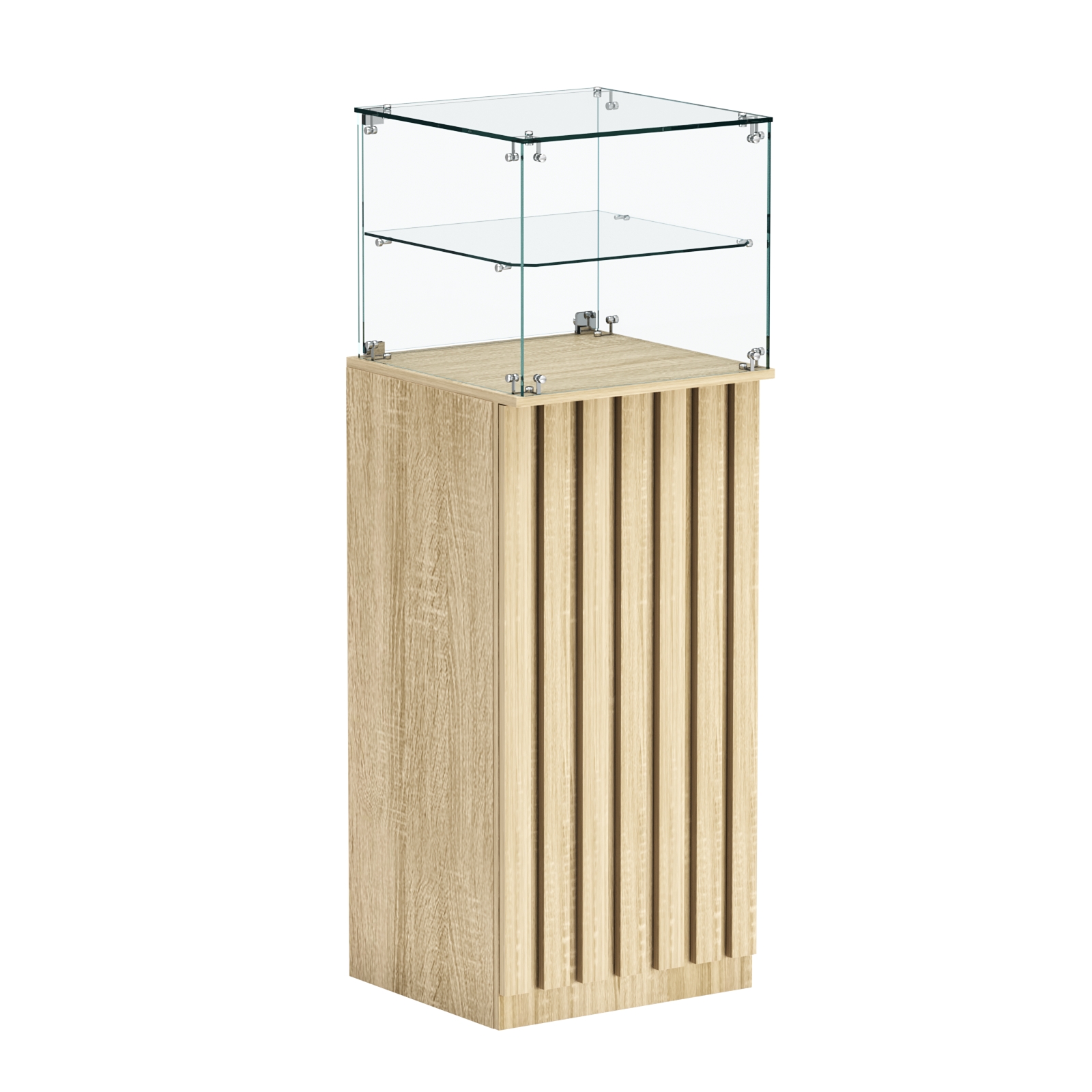 Торговый прилавок высокий квадратный с планками и одной полкой серии ПРИЛИВ №12 Дуб сонома