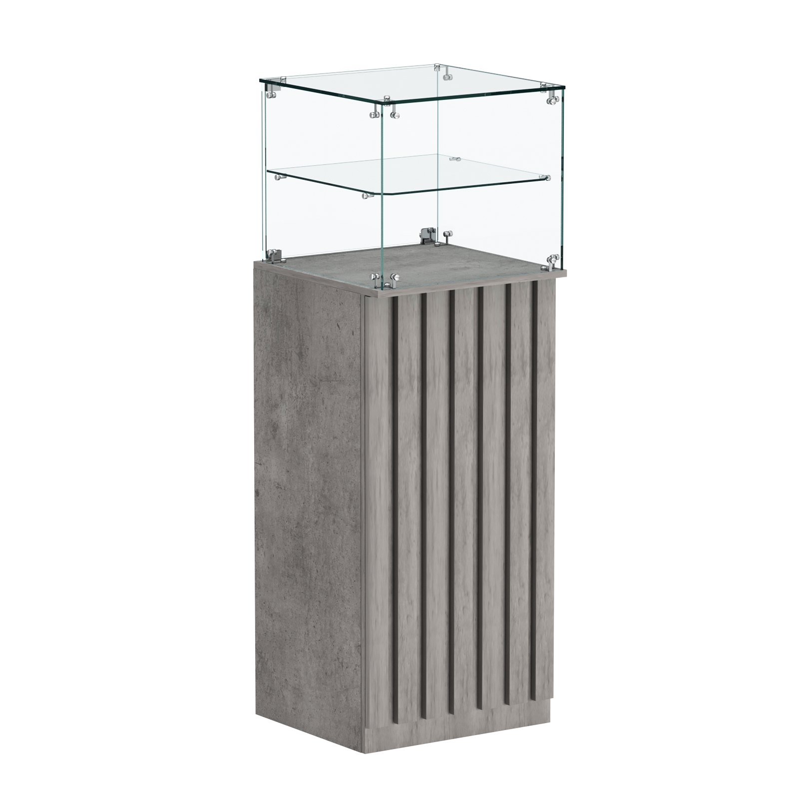 Торговый прилавок высокий квадратный с планками и одной полкой серии ПРИЛИВ №12 Бетон Чикаго светло-серый F186 ST9