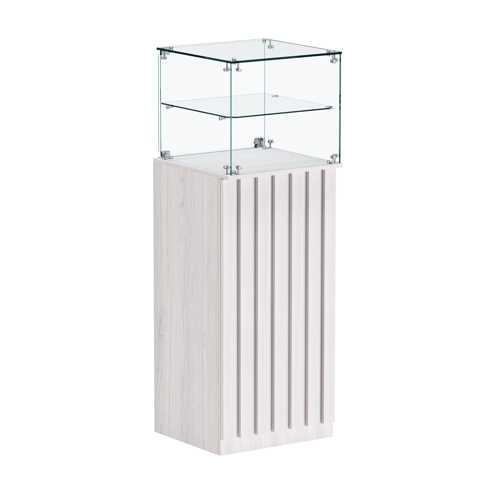 Торговый прилавок высокий квадратный с планками и одной полкой серии ПРИЛИВ №12 Ясень Анкор светлый