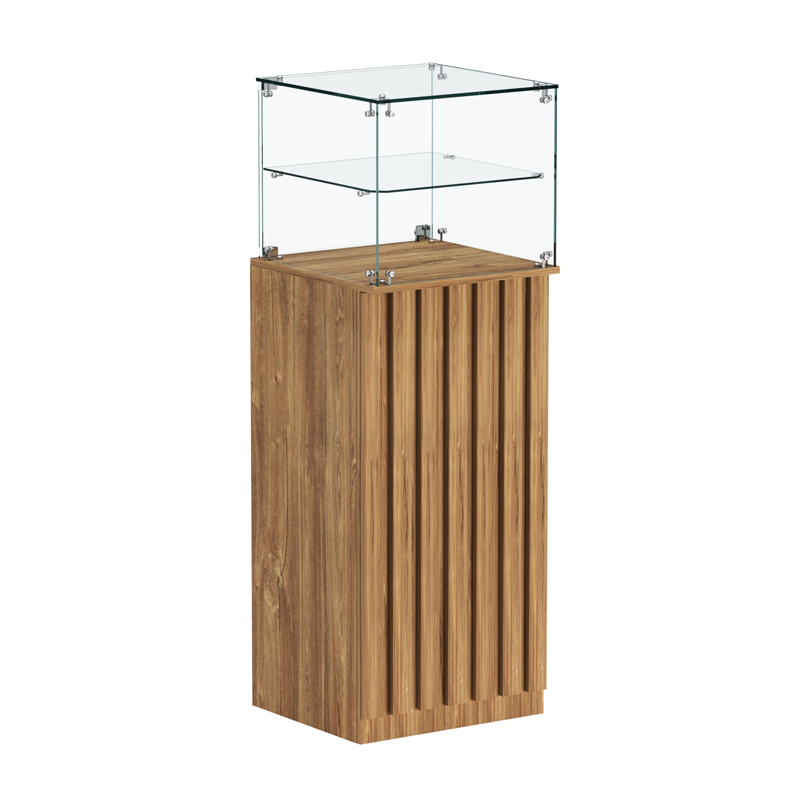 Торговый прилавок высокий квадратный с планками и одной полкой серии ПРИЛИВ №12 Дуб Канзас коричневый