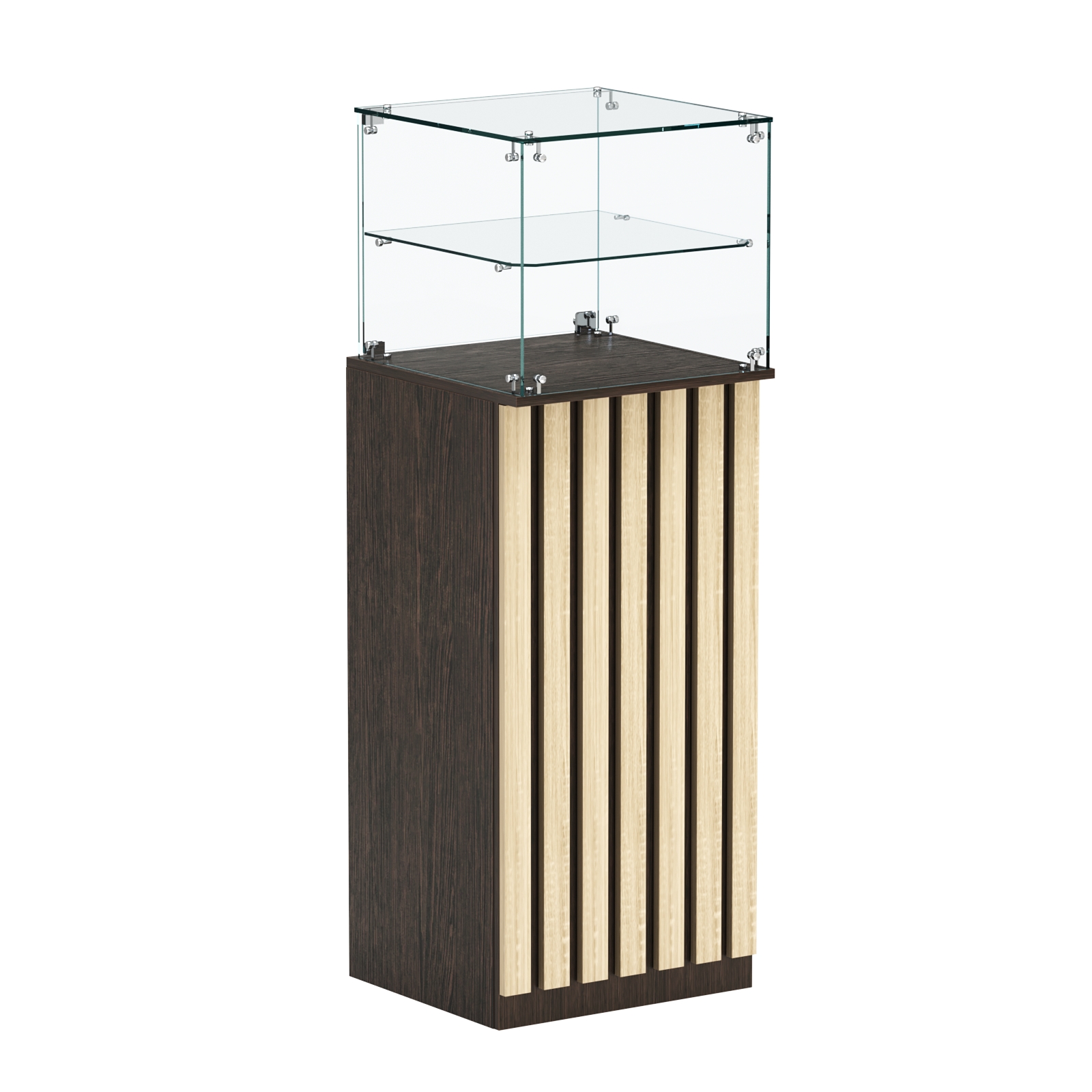 Торговый прилавок высокий квадратный с планками и одной полкой серии ПРИЛИВ №12 Дуб Венге + Дуб Сонома