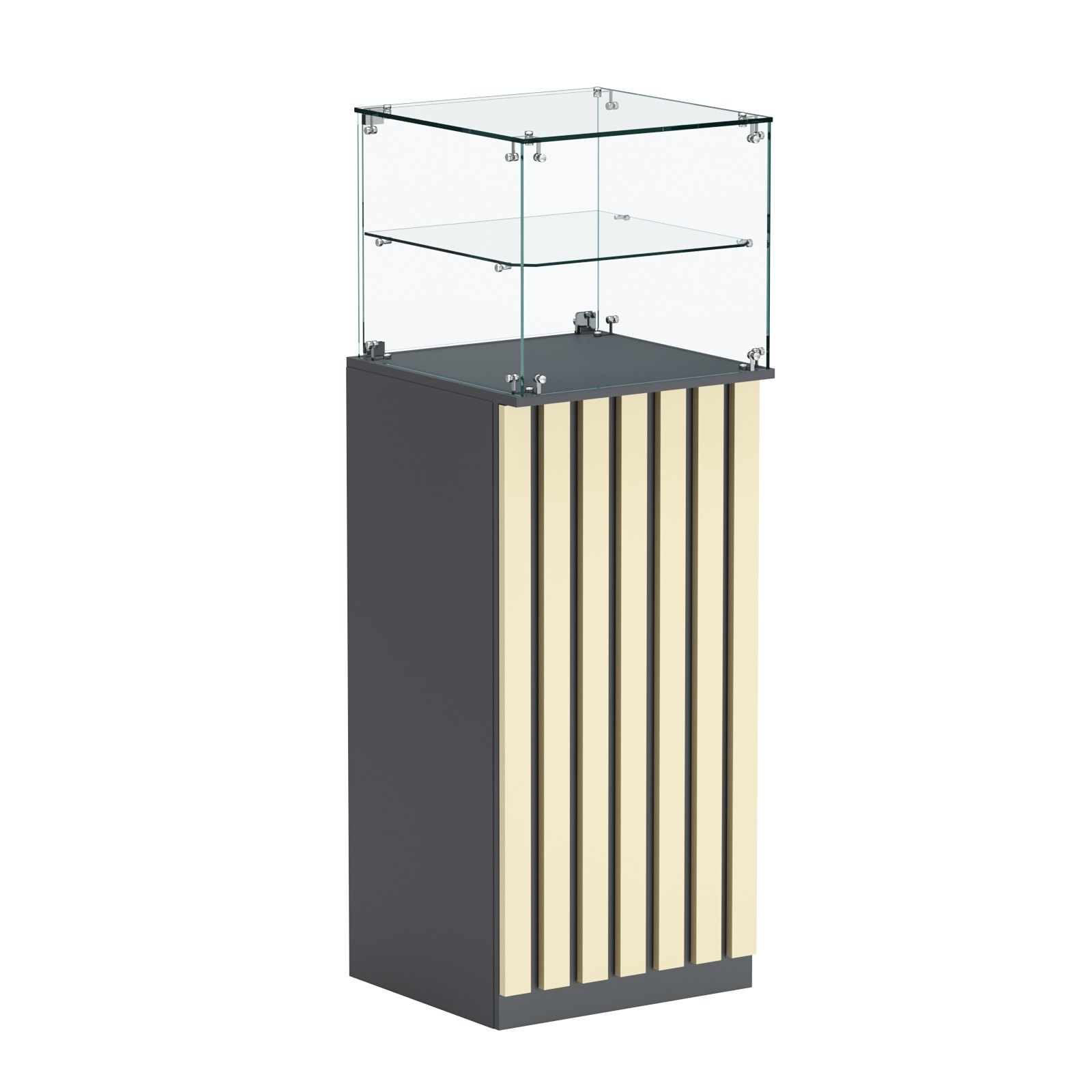 Торговый прилавок высокий квадратный с планками и одной полкой серии ПРИЛИВ №12 Темно-серый + Крем Вайс