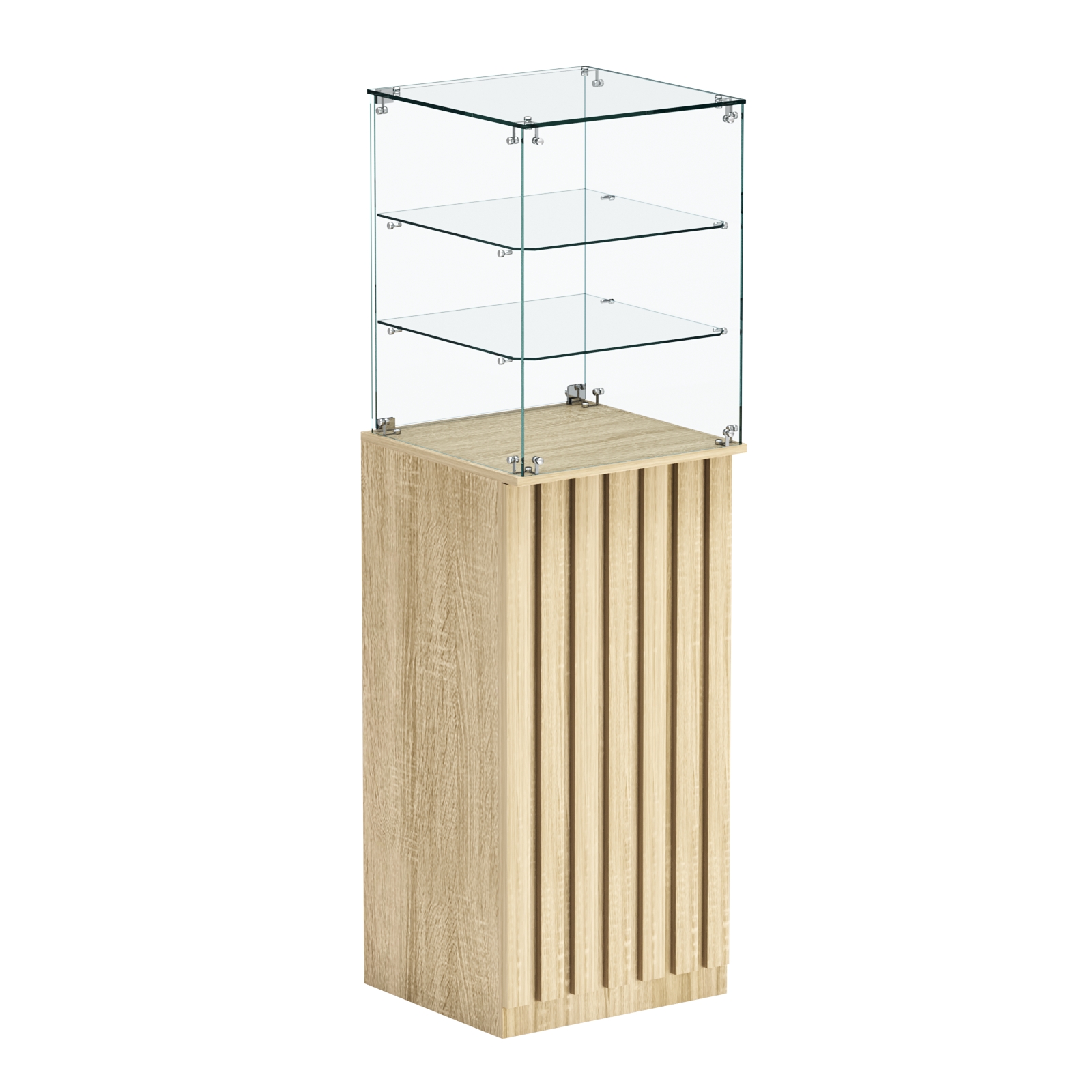 Торговый прилавок высокий квадратный с планками и двумя полками серии ПРИЛИВ №13 Дуб сонома