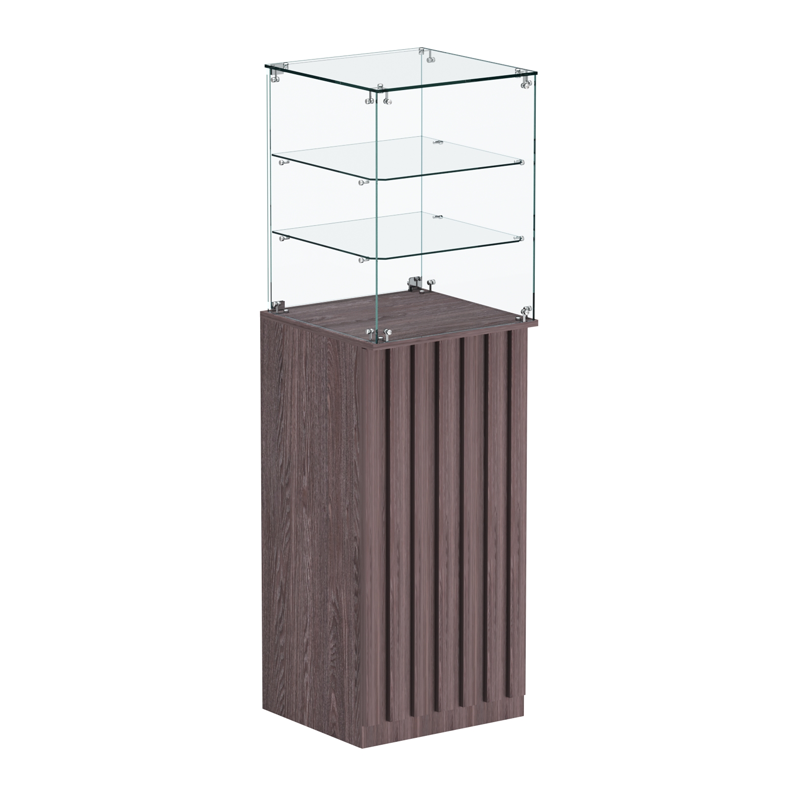 Торговый прилавок высокий квадратный с планками и двумя полками серии ПРИЛИВ №13 Ясень Анкор темный