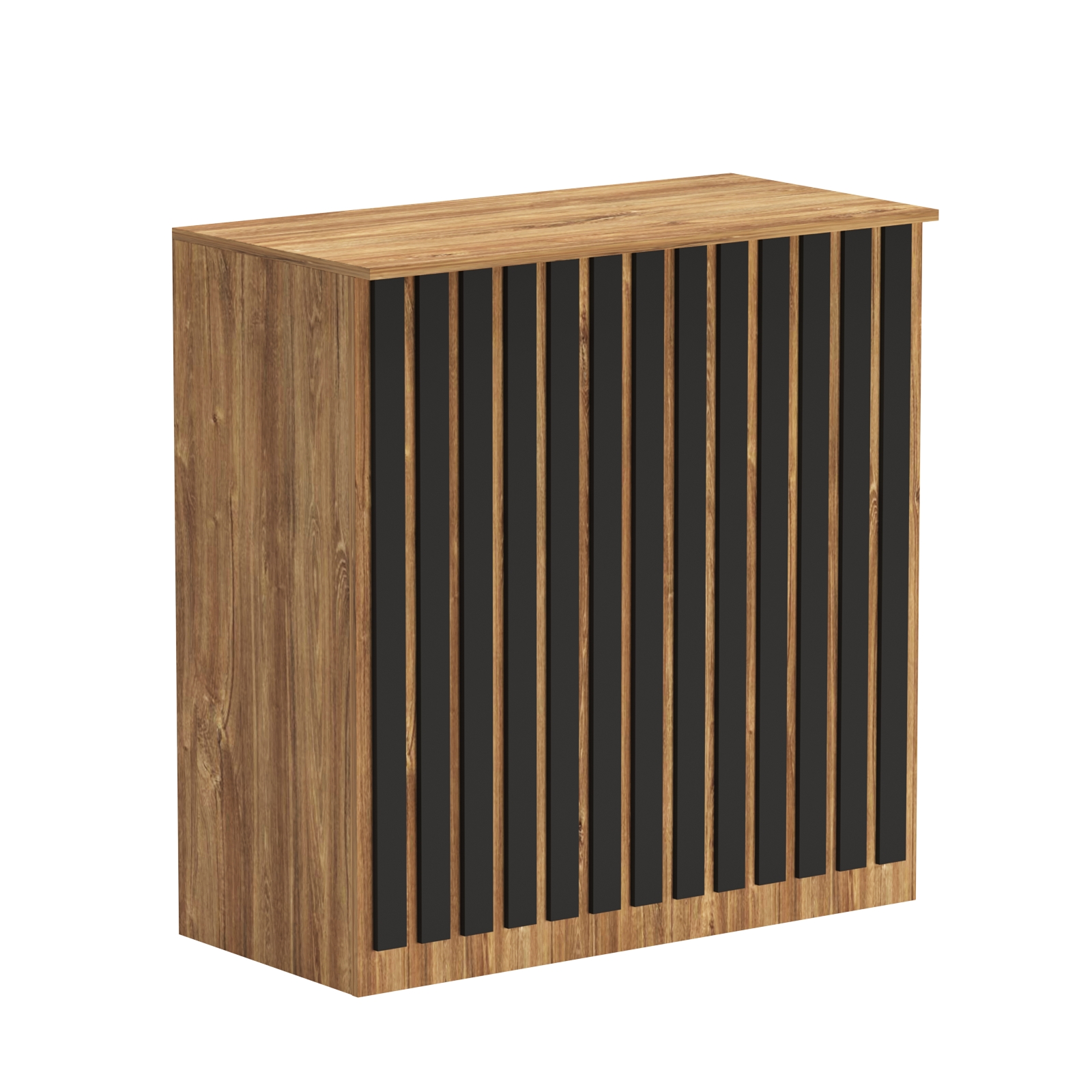 Торговый стол-прилавок широкий с планками серии ПРИЛИВ №20 Дуб Канзас Коричнерый + черный