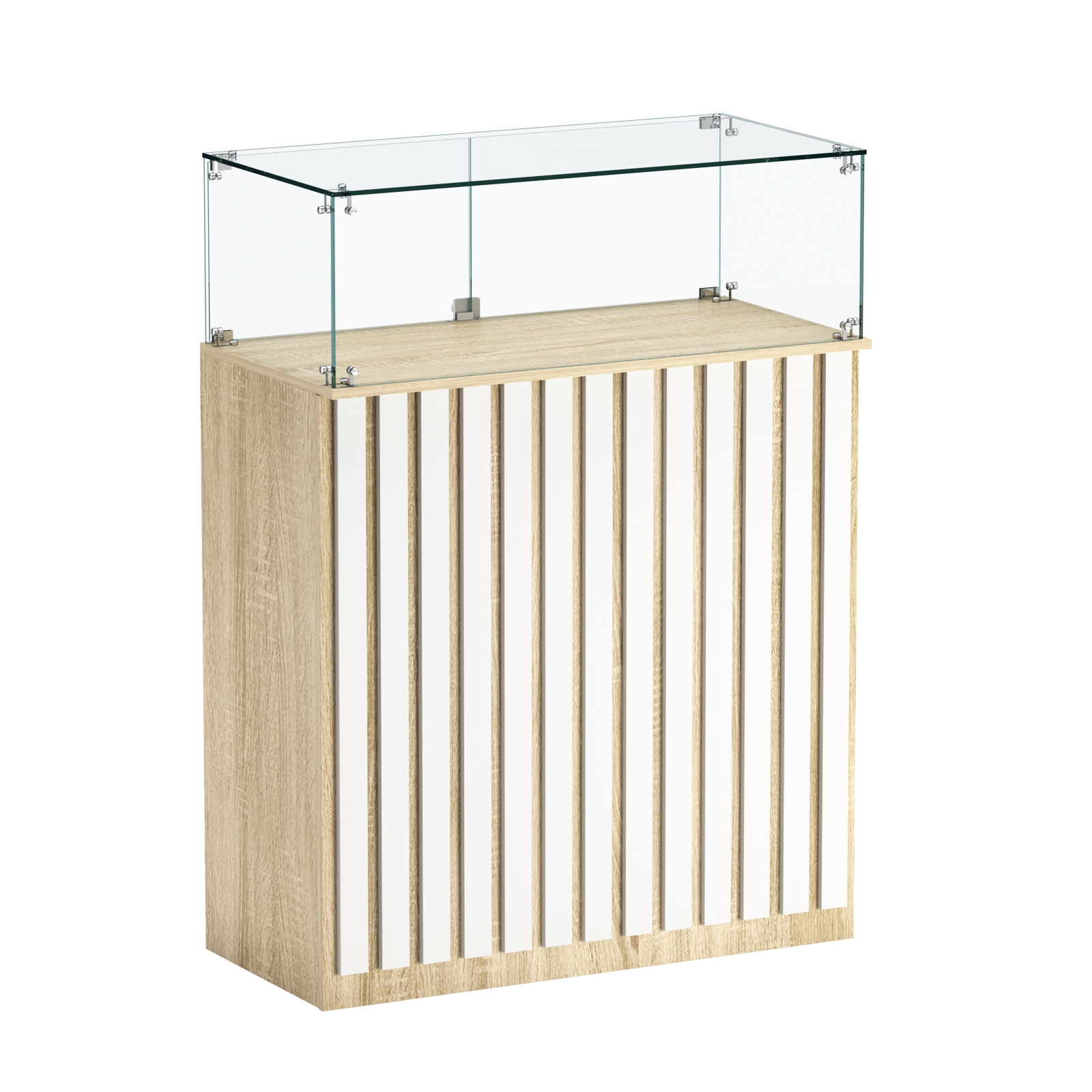 Торговый прилавок прямоугольный с планками и стеклянным колпаком ПРИЛИВ №1 Дуб Сонома + Белый